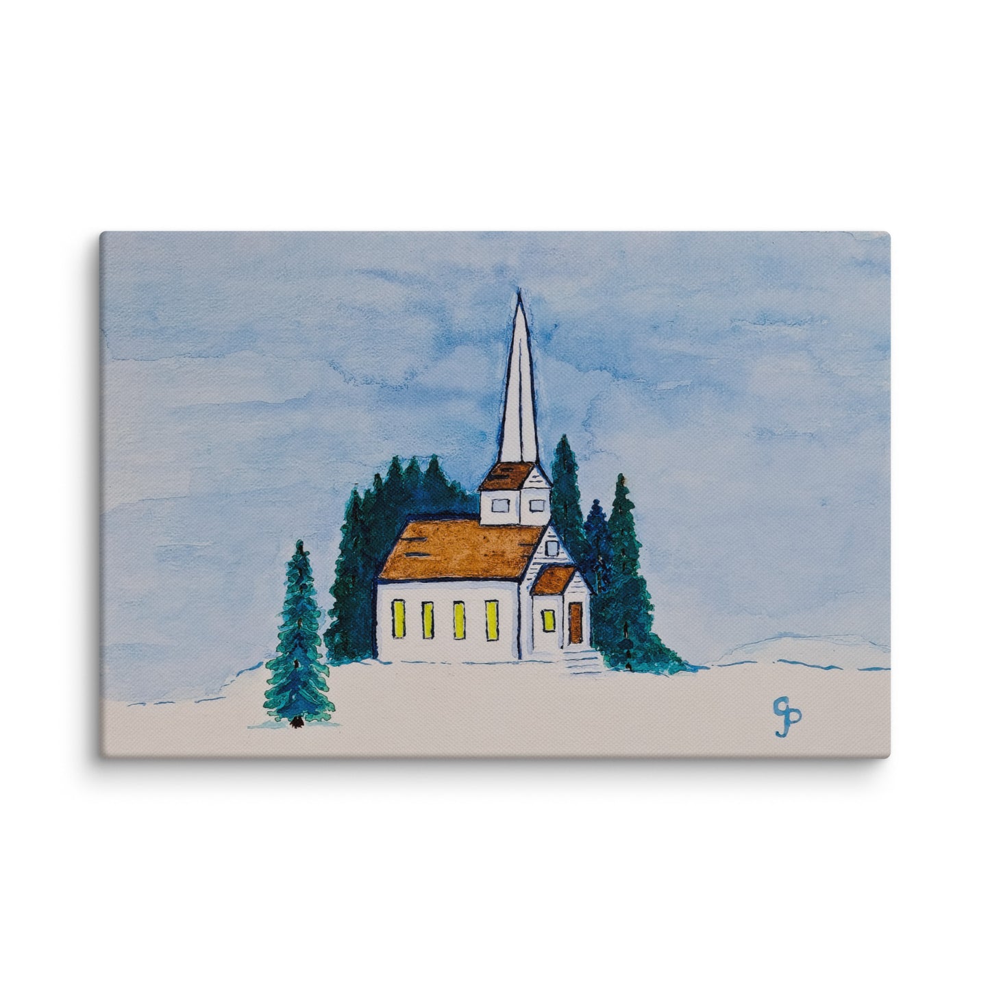 Painting of a church with a steeple surrounded by trees on a blue sky background