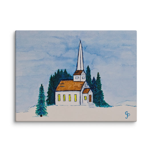 Painting of a church with a steeple surrounded by trees on a blue sky background