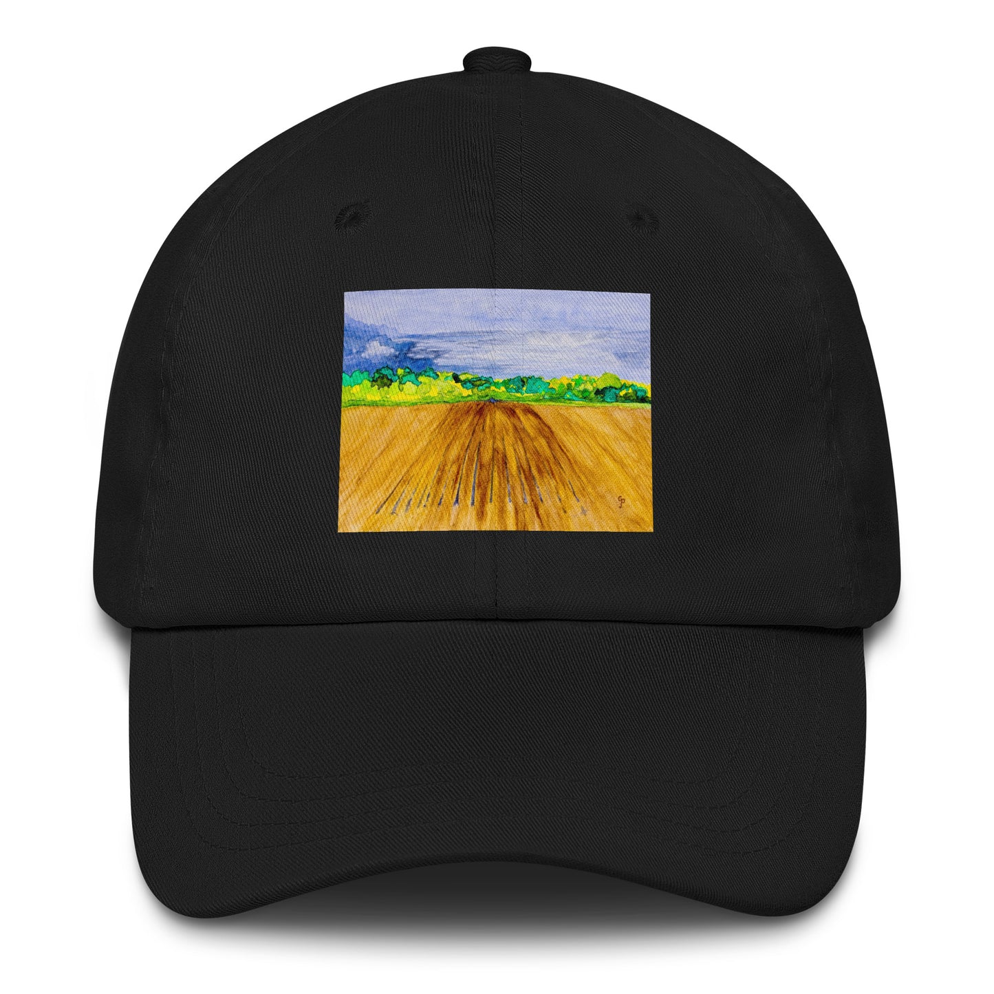 Black cap with a landscape field print - perfect for farmers and men