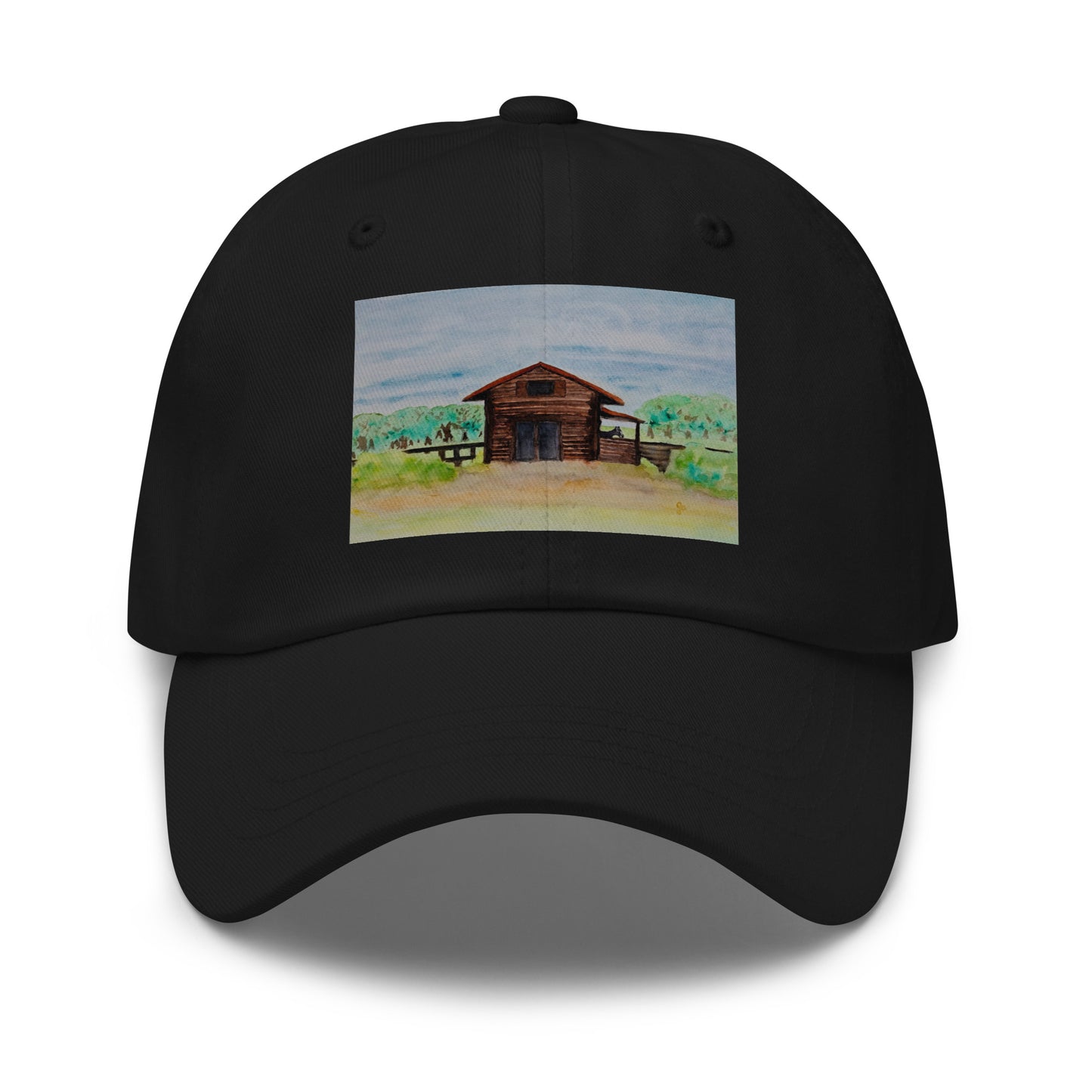 Black cap with a wooden barn and farm illustration on a white background