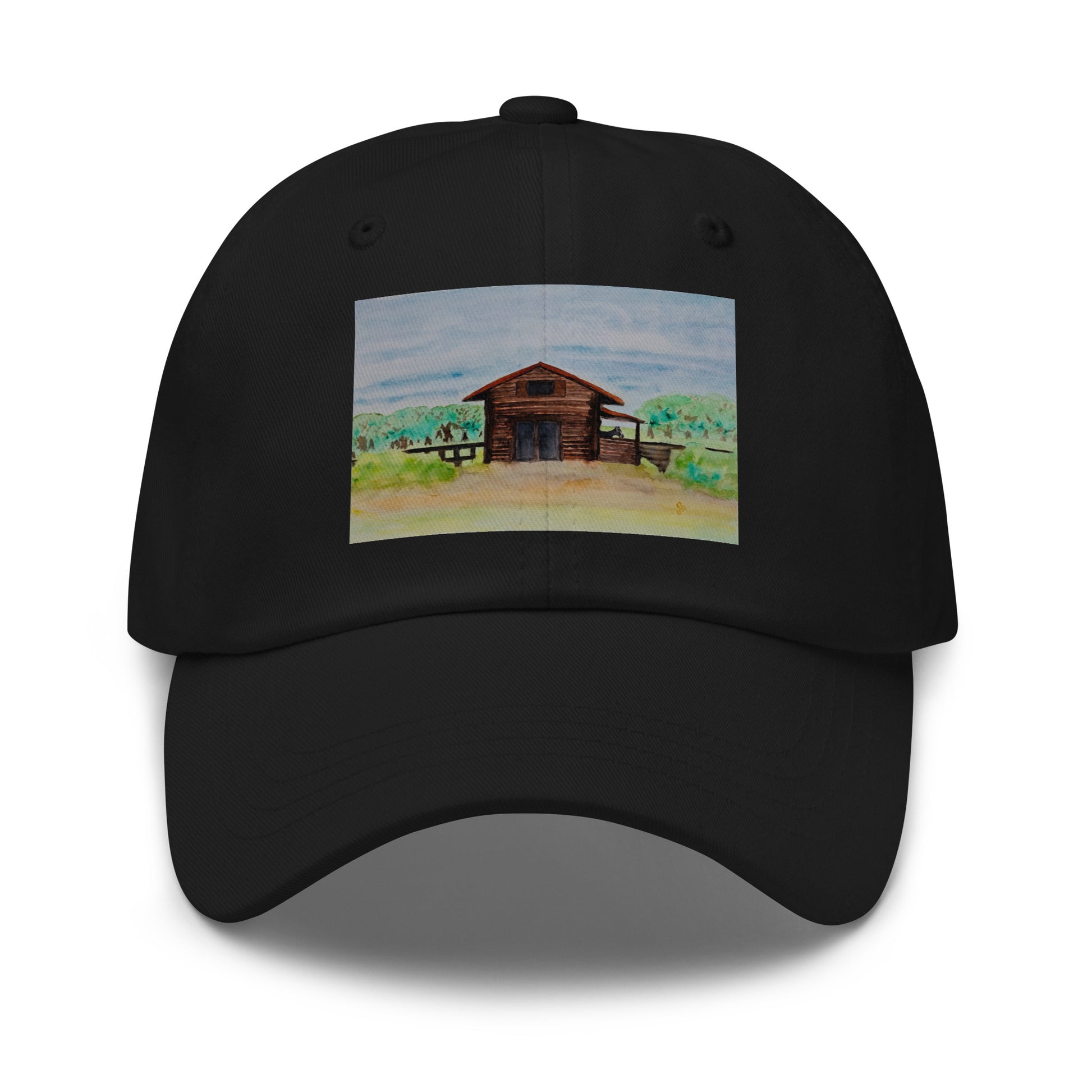 Black cap with a wooden barn and farm illustration on a white background