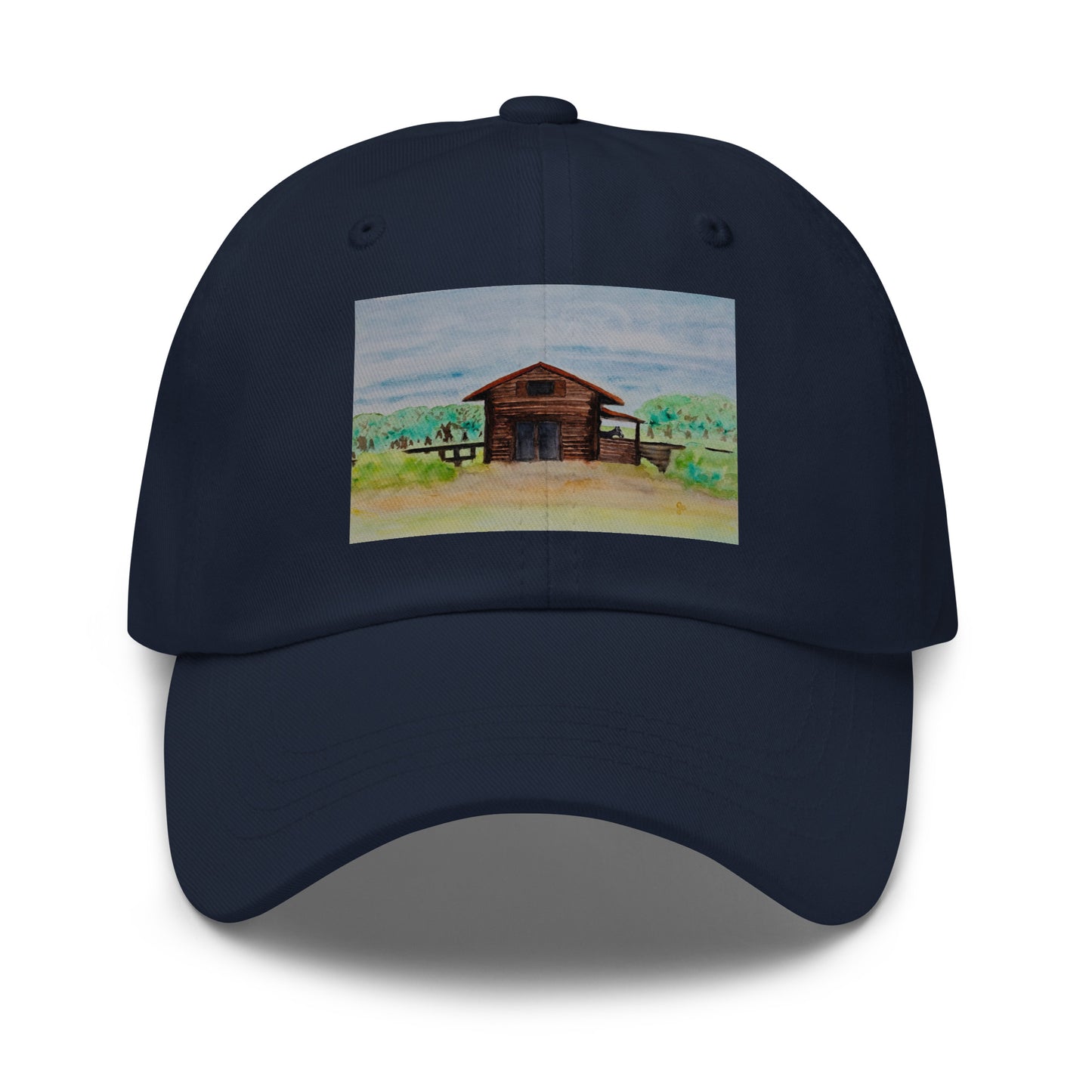 Navy blue cap with a small landscape painting perfect for men and farmers and those who like to hunt