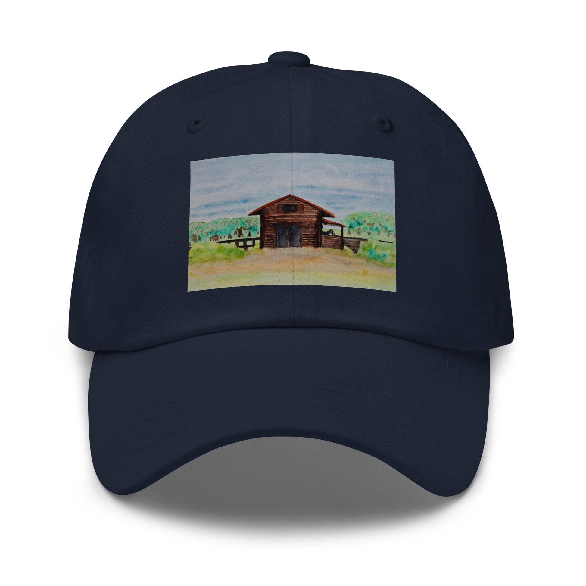 Navy blue cap with a small landscape painting perfect for men and farmers and those who like to hunt