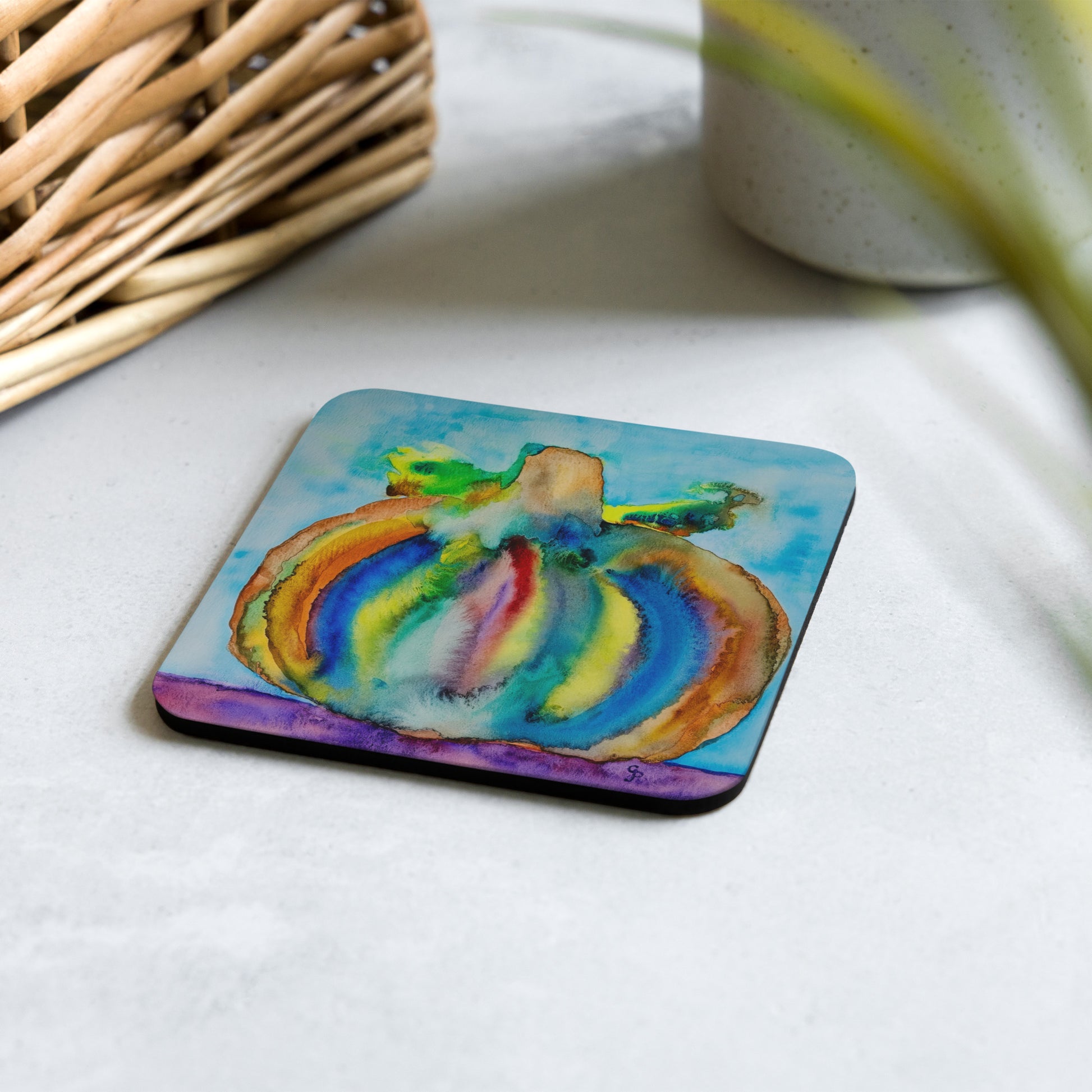 Cork-back coaster featuring original artwork—durable, heat-resistant, and non-slip; perfect for protecting tables while adding an artistic and stylish touch to home or office décor.