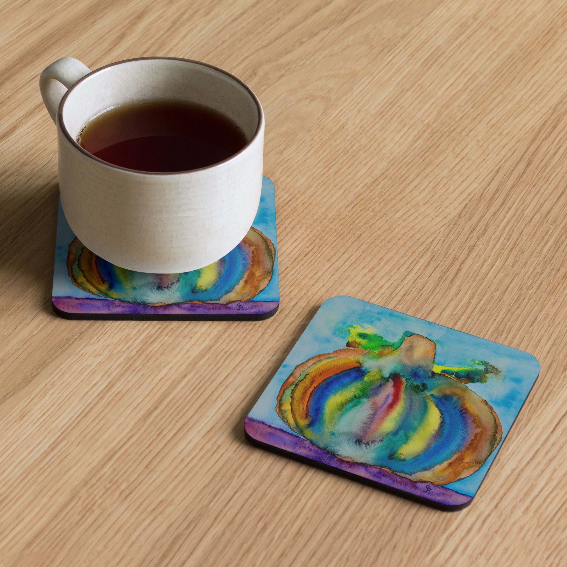 Cork-back coaster featuring original artwork—durable, heat-resistant, and non-slip; perfect for protecting tables while adding an artistic and stylish touch to home or office décor.