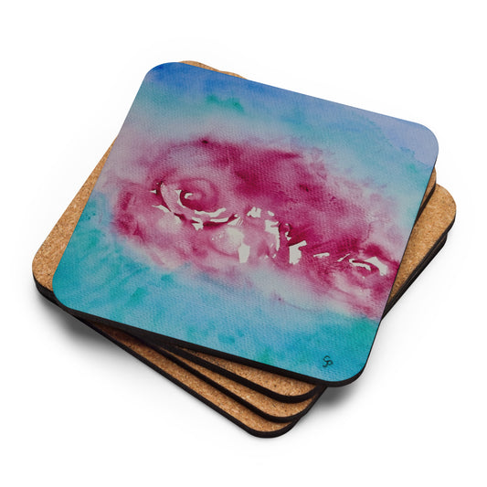 Cork-back coaster featuring original artwork—durable, heat-resistant, and non-slip; perfect for protecting tables while adding an artistic and stylish touch to home or office décor.