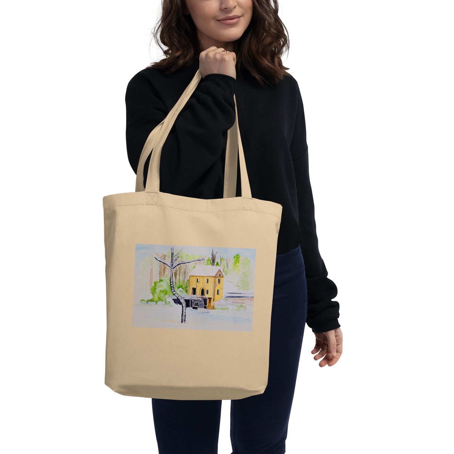 Eco tote bag with original landscape artwork, featuring a spacious interior, sturdy straps, and lightweight design—perfect for travel, overnight stays, or stylish carry-on use.