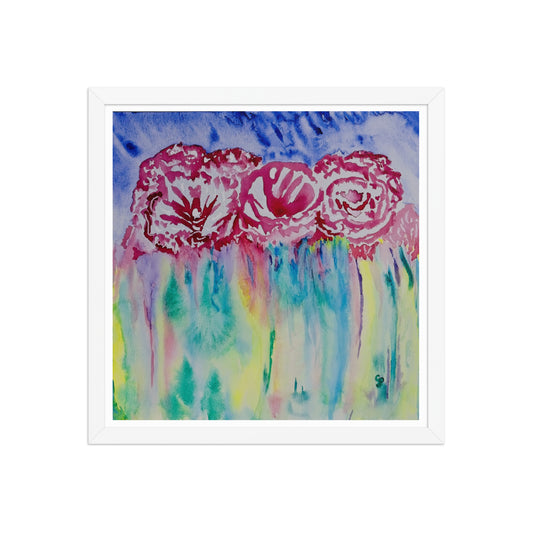 Colorful abstract floral painting with pink on a white background