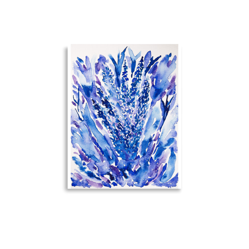 Blue and purple floral painting on a white background