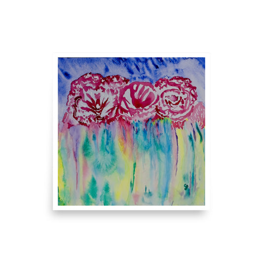 Bold pink roses emerge from flowing vertical washes of turquoise, yellow, and lavender that cascade downward like gentle rain. The wet-on-wet technique creates organic color bleeds while expressive brushwork captures the roses' essence against a dramatic blue sky, blending realism with pure abstraction.