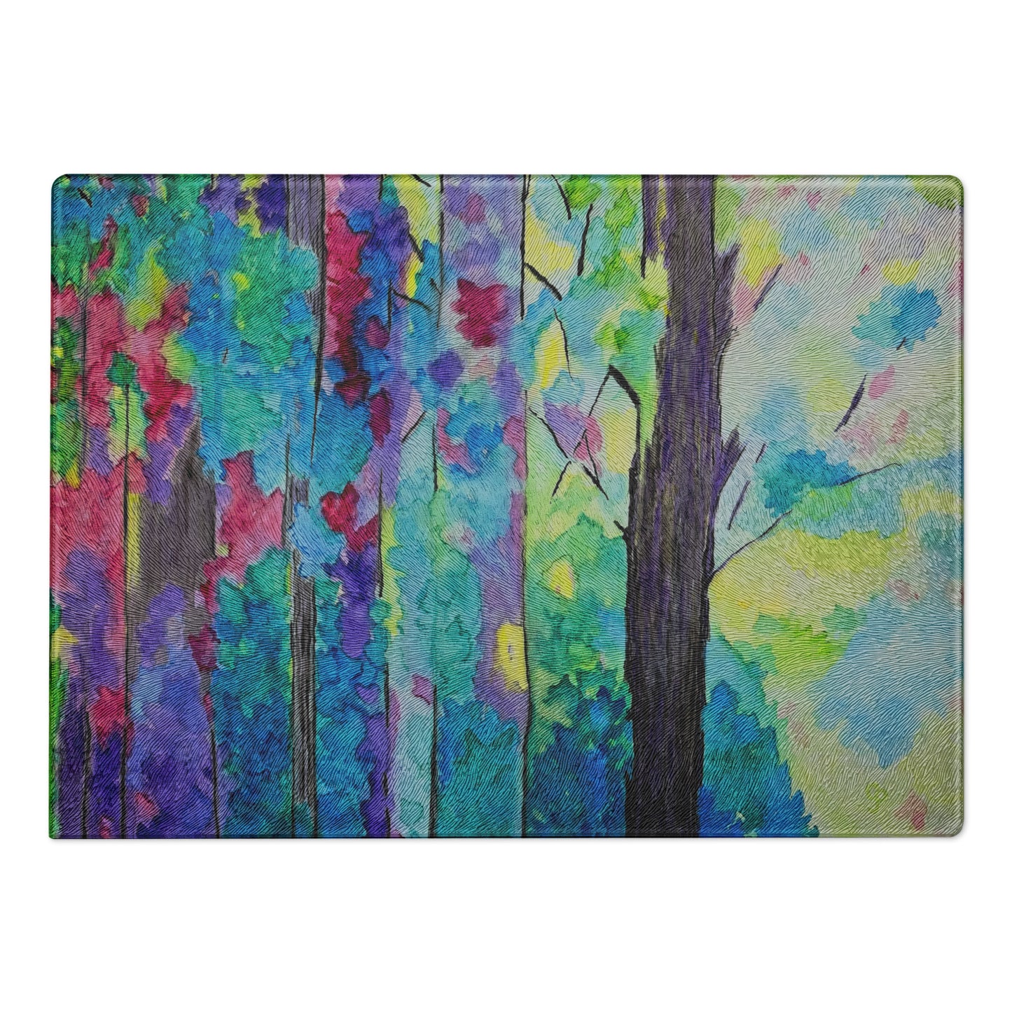 Tempered glass cutting board featuring original artwork—durable, heat-resistant, and perfect for food prep or serving; adds a stylish, artistic touch to any kitchen or countertop.