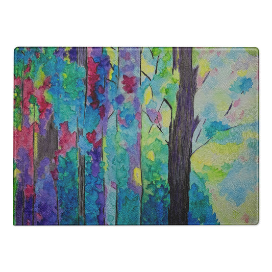Tempered glass cutting board featuring original artwork—durable, heat-resistant, and perfect for food prep or serving; adds a stylish, artistic touch to any kitchen or countertop.