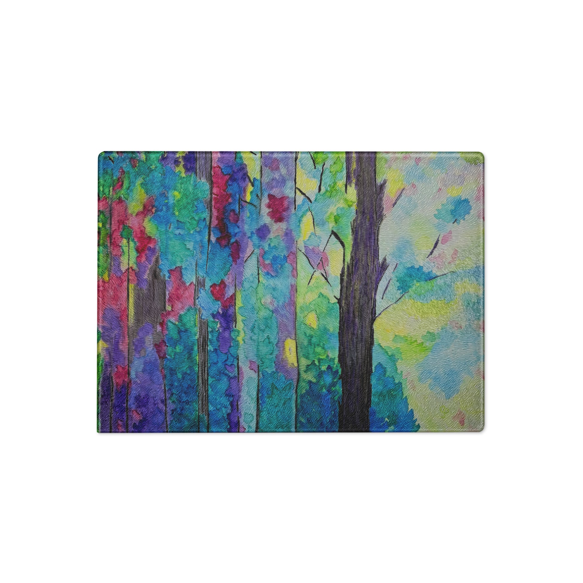 Tempered glass cutting board featuring original artwork—durable, heat-resistant, and perfect for food prep or serving; adds a stylish, artistic touch to any kitchen or countertop.