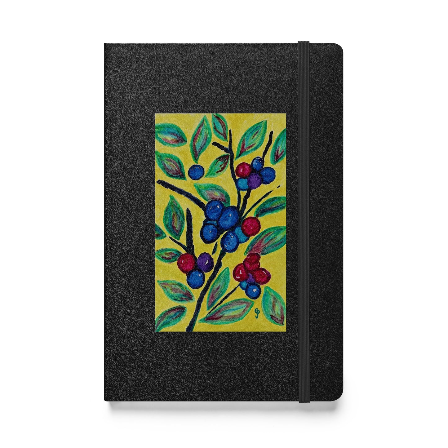 Black notebook with a colorful berry design on a yellow background