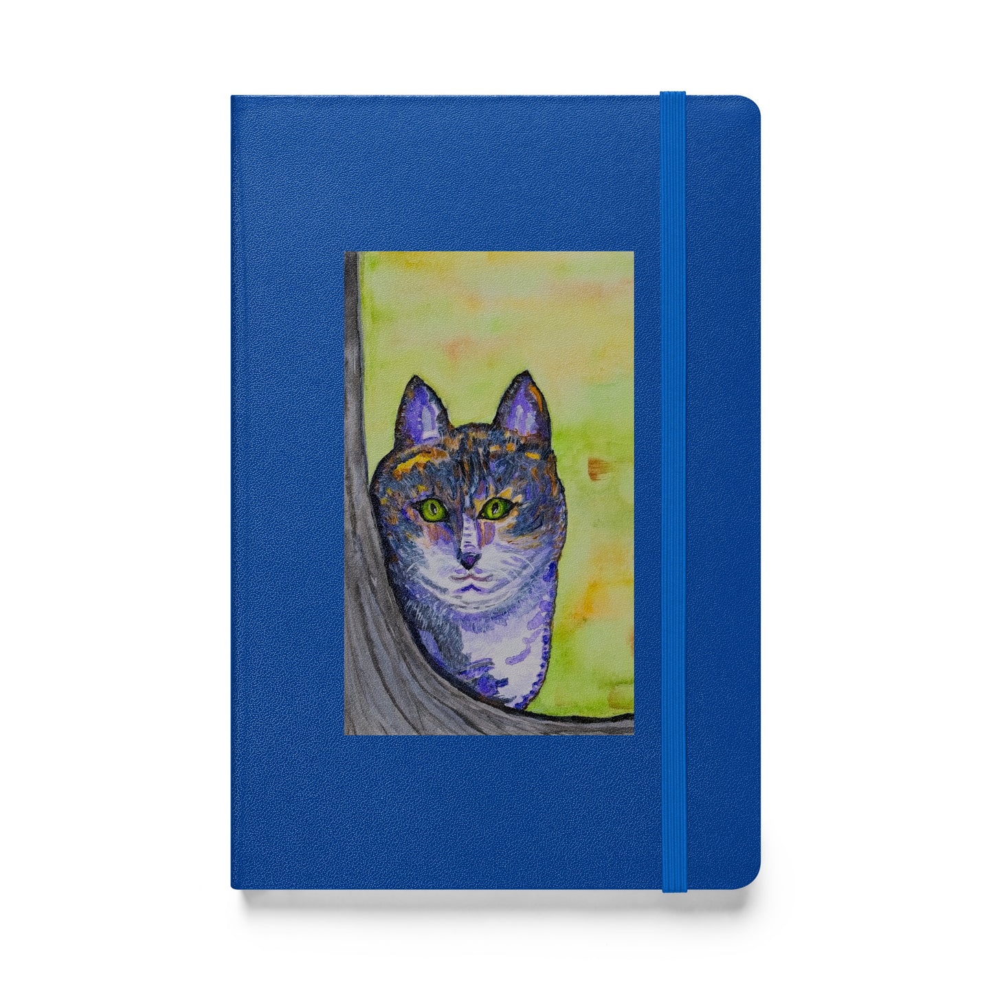 Blue notebook with a original cat watercolor design on it