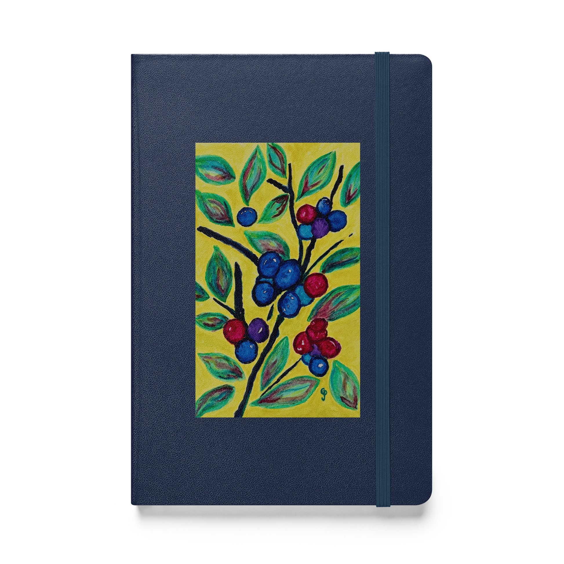 Navy blue notebook with a colorful blueberry design on a white background