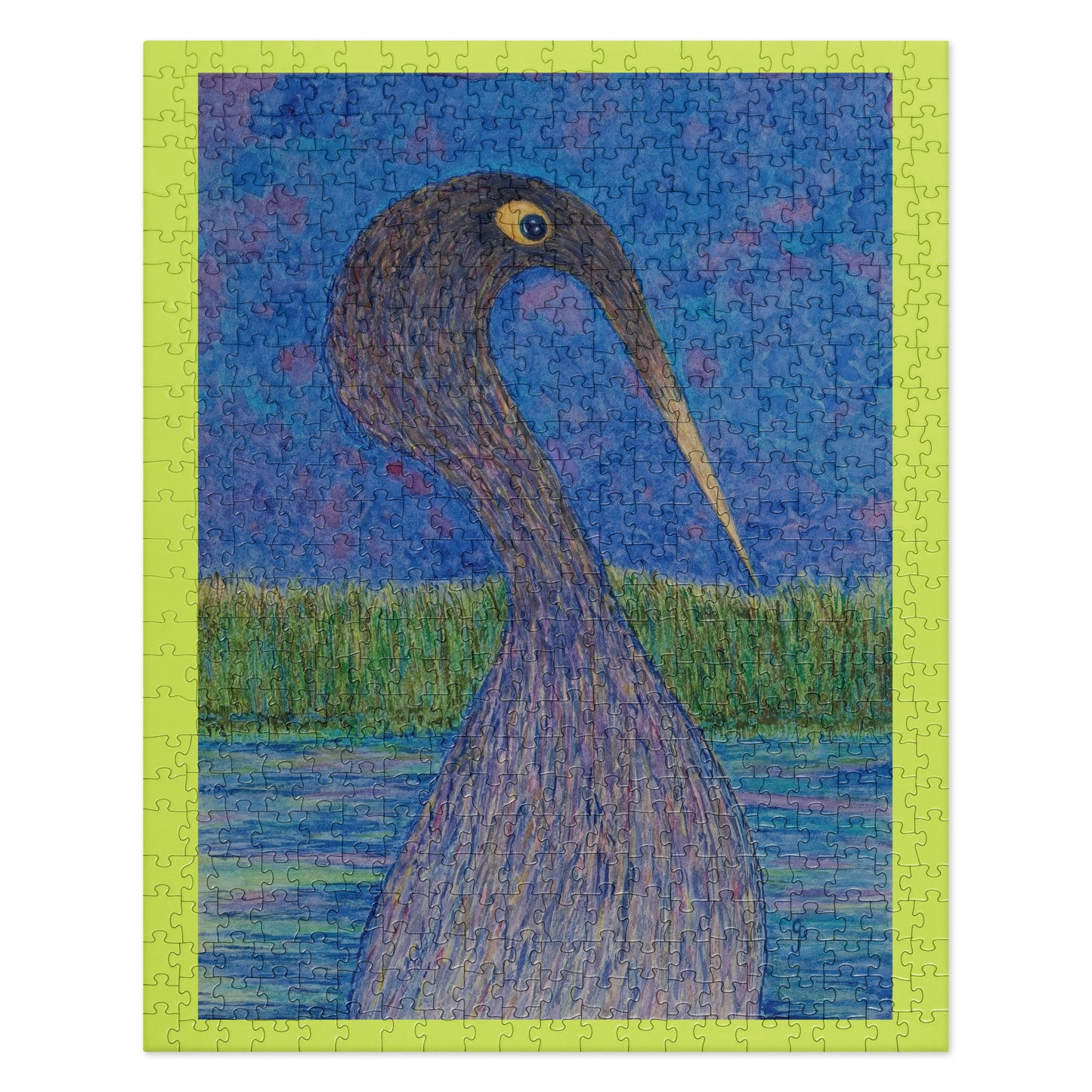 Jigsaw puzzle with a bird design on a blue and green background