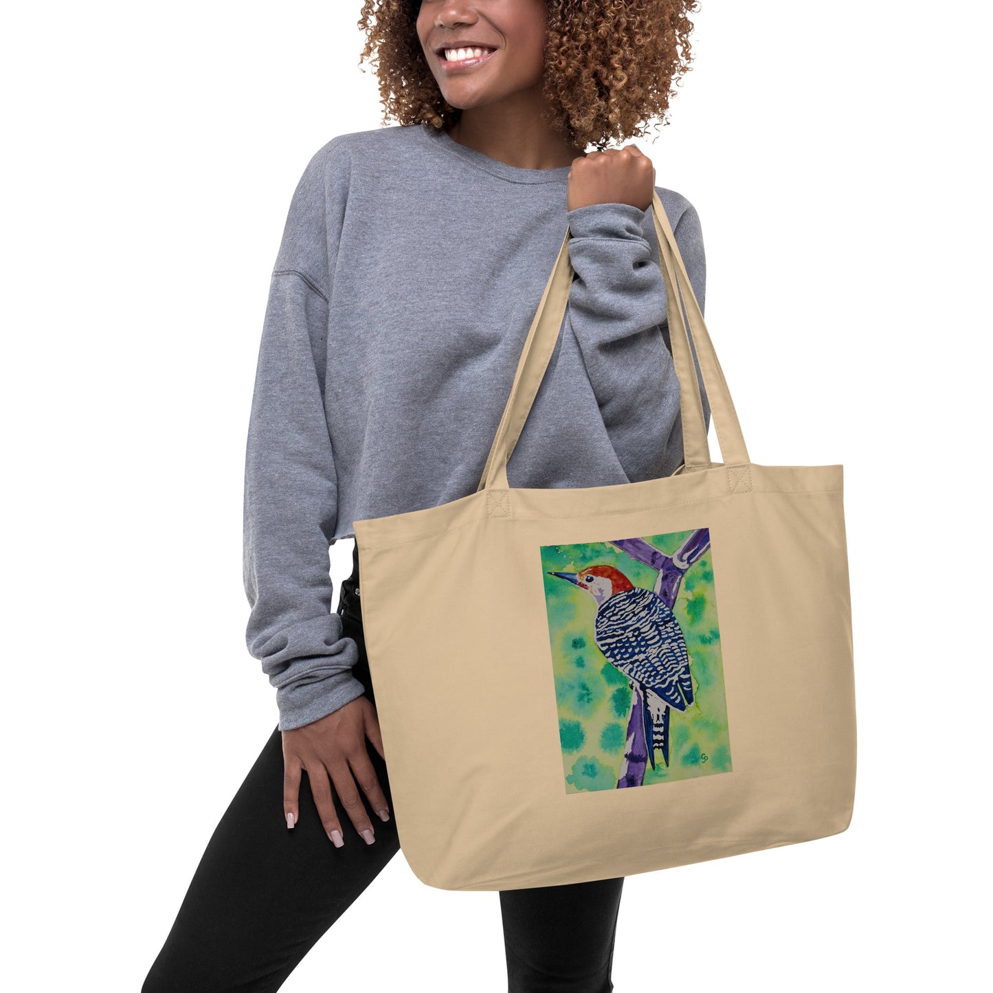Large organic tote bag with original watercolor artwork, featuring a spacious interior, sturdy straps, and lightweight design—perfect for travel, overnight stays, or stylish carry-on use.