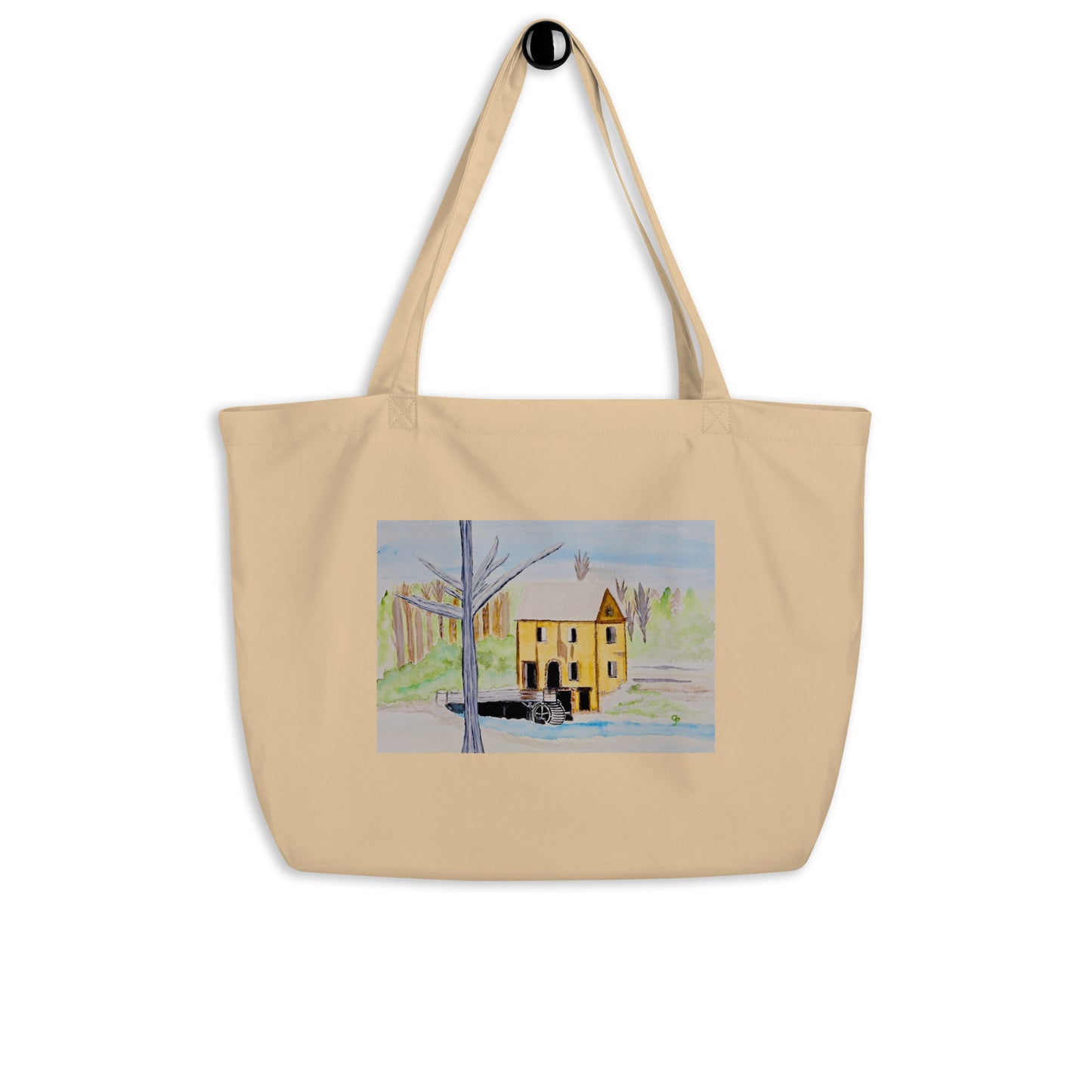 Large organic tote bag with original landscape artwork, featuring a spacious interior, sturdy straps, and lightweight design—perfect for travel, overnight stays, or stylish carry-on use.