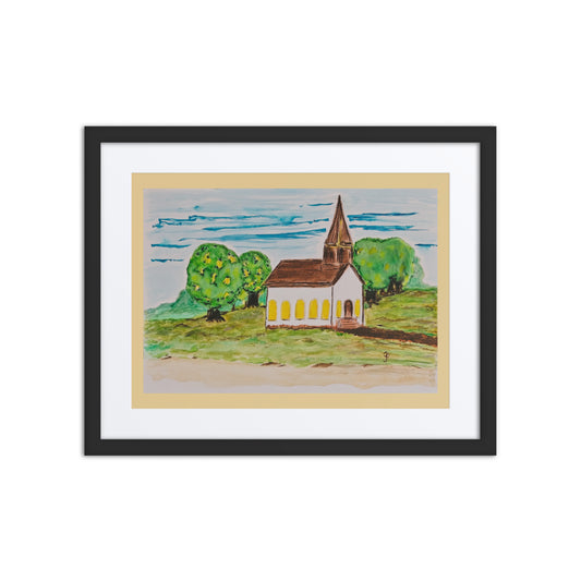 Framed painting of a small church with trees on a white background