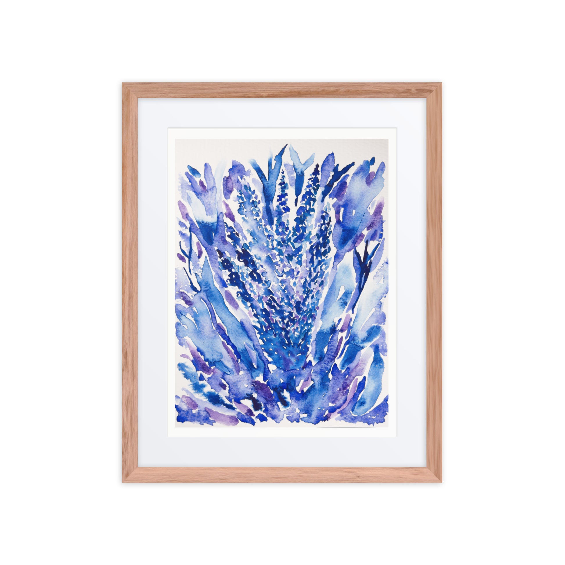 Framed artwork of a blue floral design on a white background