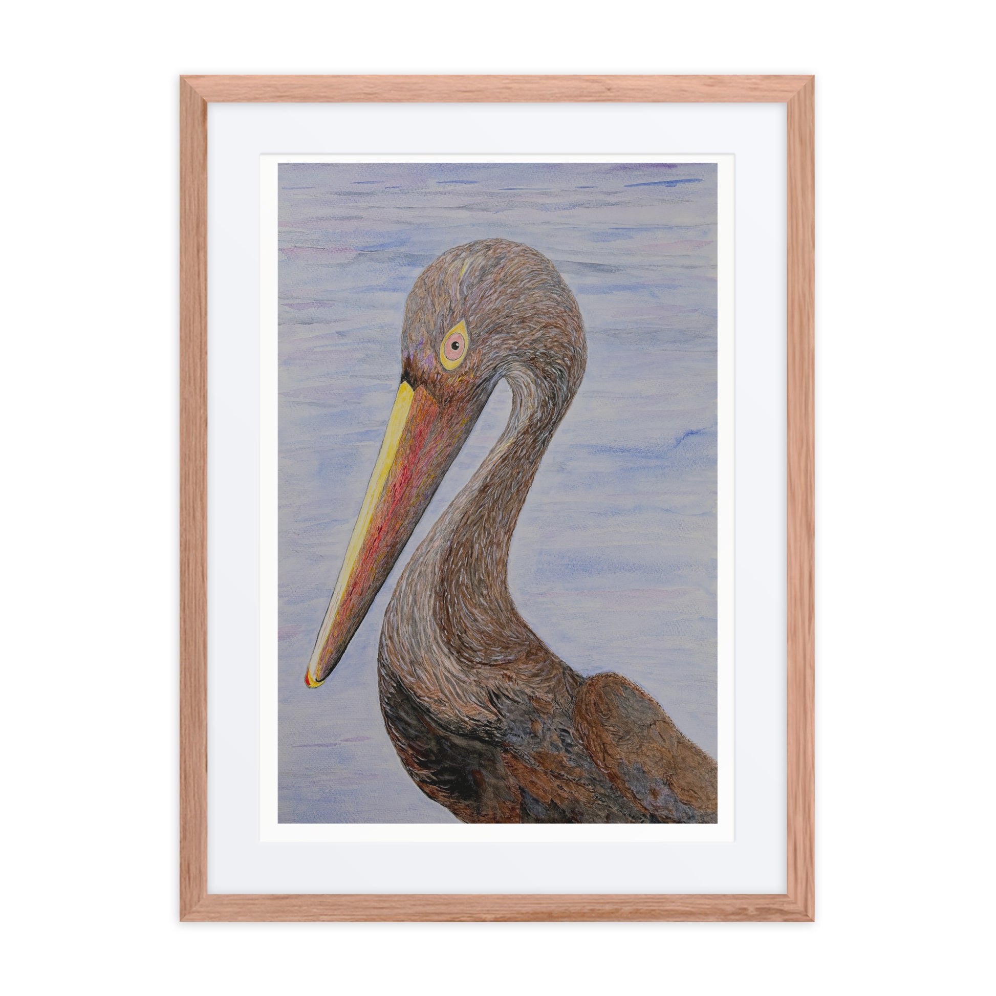 Louisiana's state bird emerges through meticulous brushwork, each tawny feather carefully rendered against soft lavender waters. The brown pelican's distinctive coral-tinged pouch and golden bill catch light, while knowing eyes reflect Gulf Coast wisdom. Fine detail celebrates this southern icon's graceful curve from crown to shadowed wing.