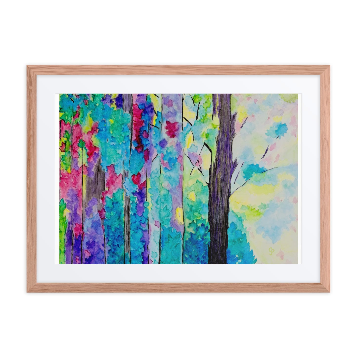 Framed colorful abstract painting of trees on a white background