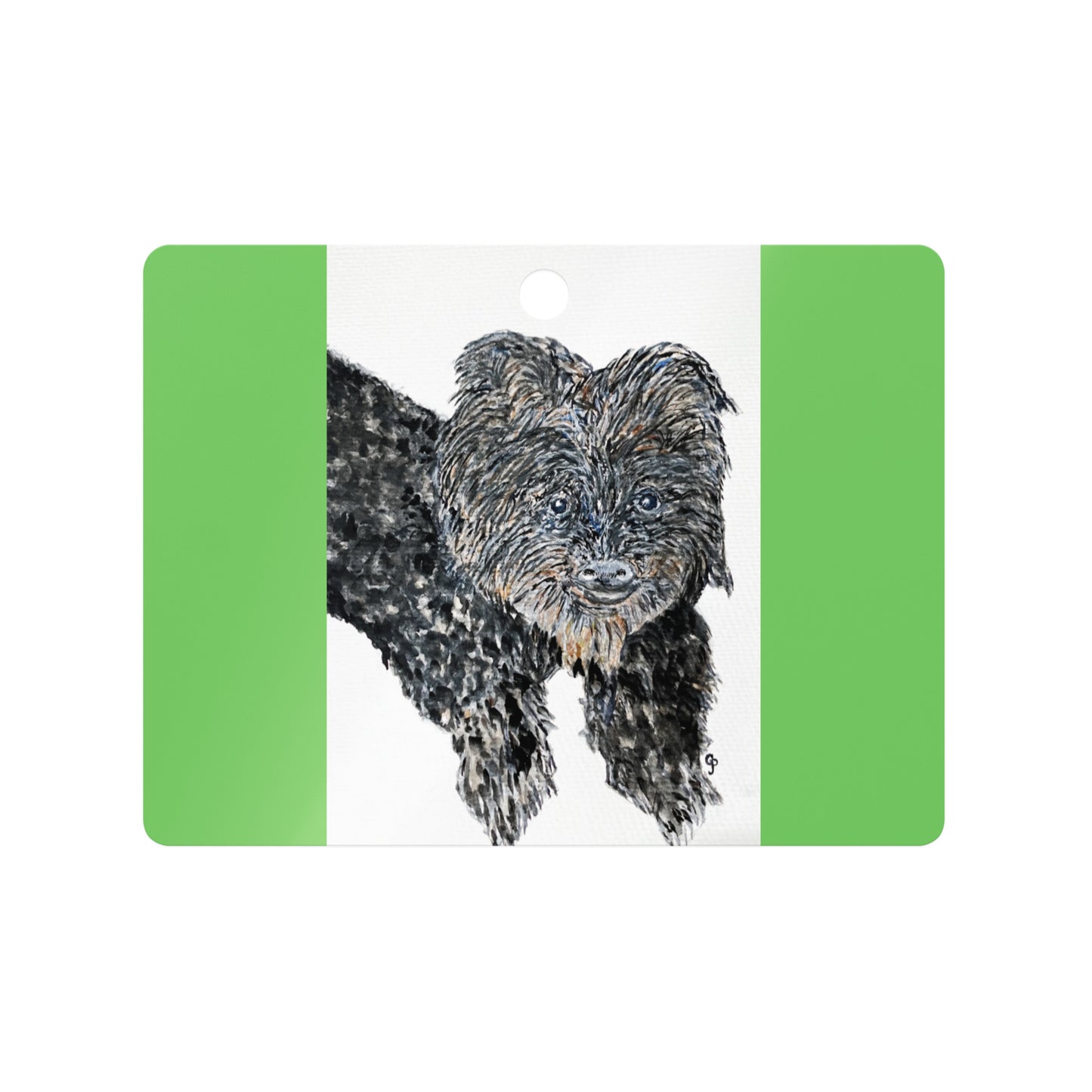 Dog ornament with a black and brown dog illustration on a green background