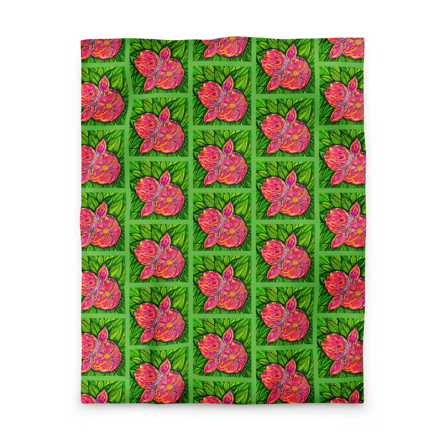 Patterned fabric with pink floral design on a green background