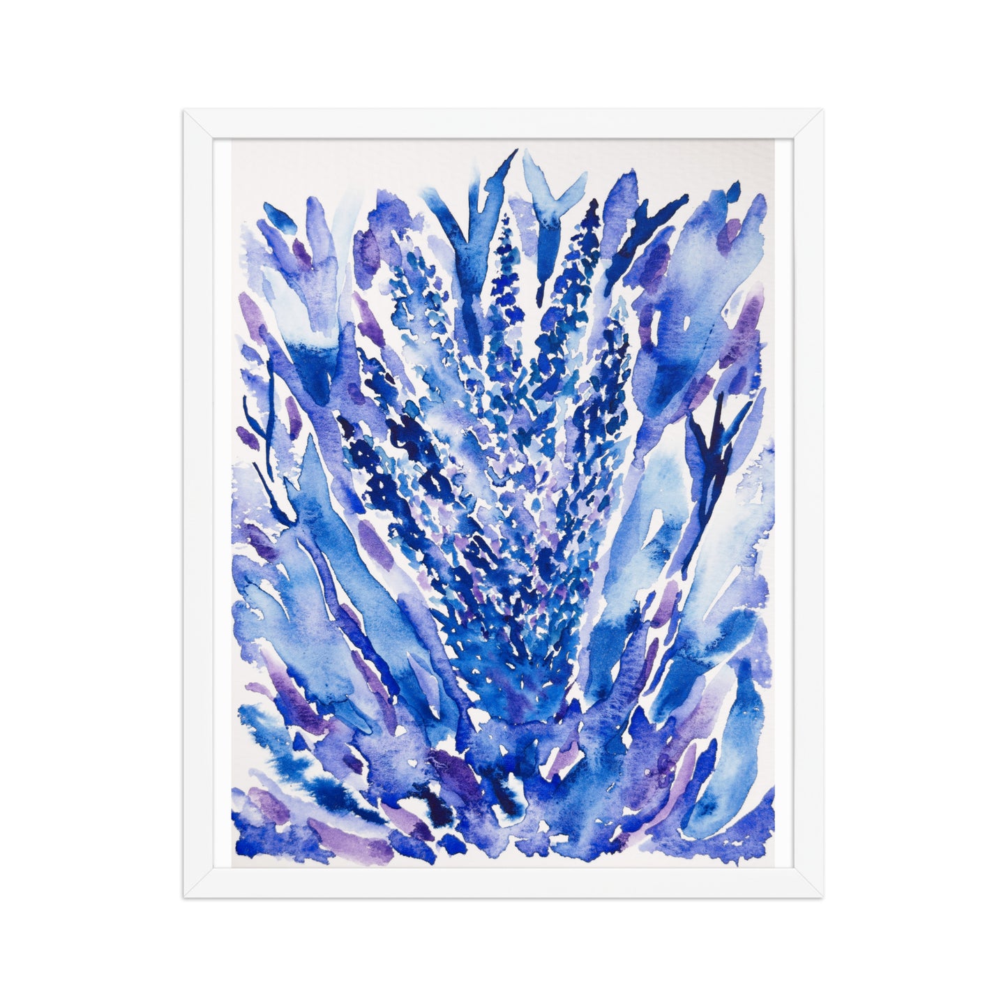 Framed watercolor painting of a blue floral design on a white background