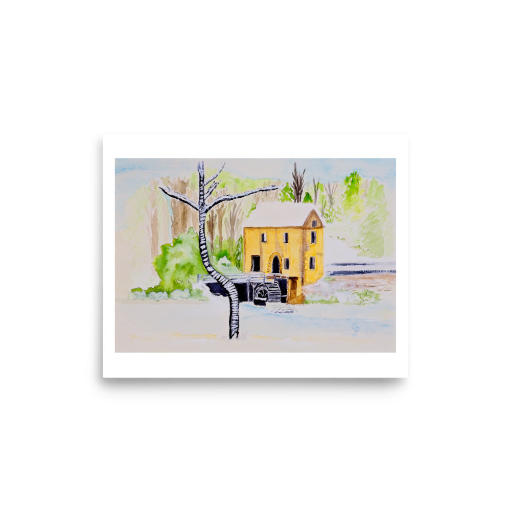 Watercolor painting of a yellow snowy mill with trees and a river on a white background
