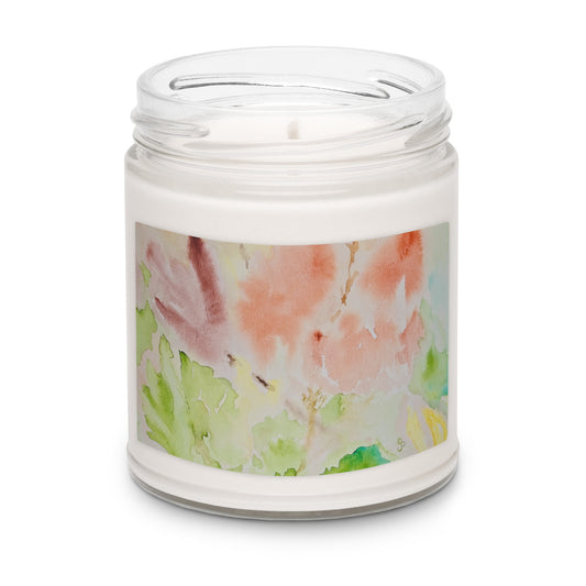 Candle in a glass jar with a floral label on a white background