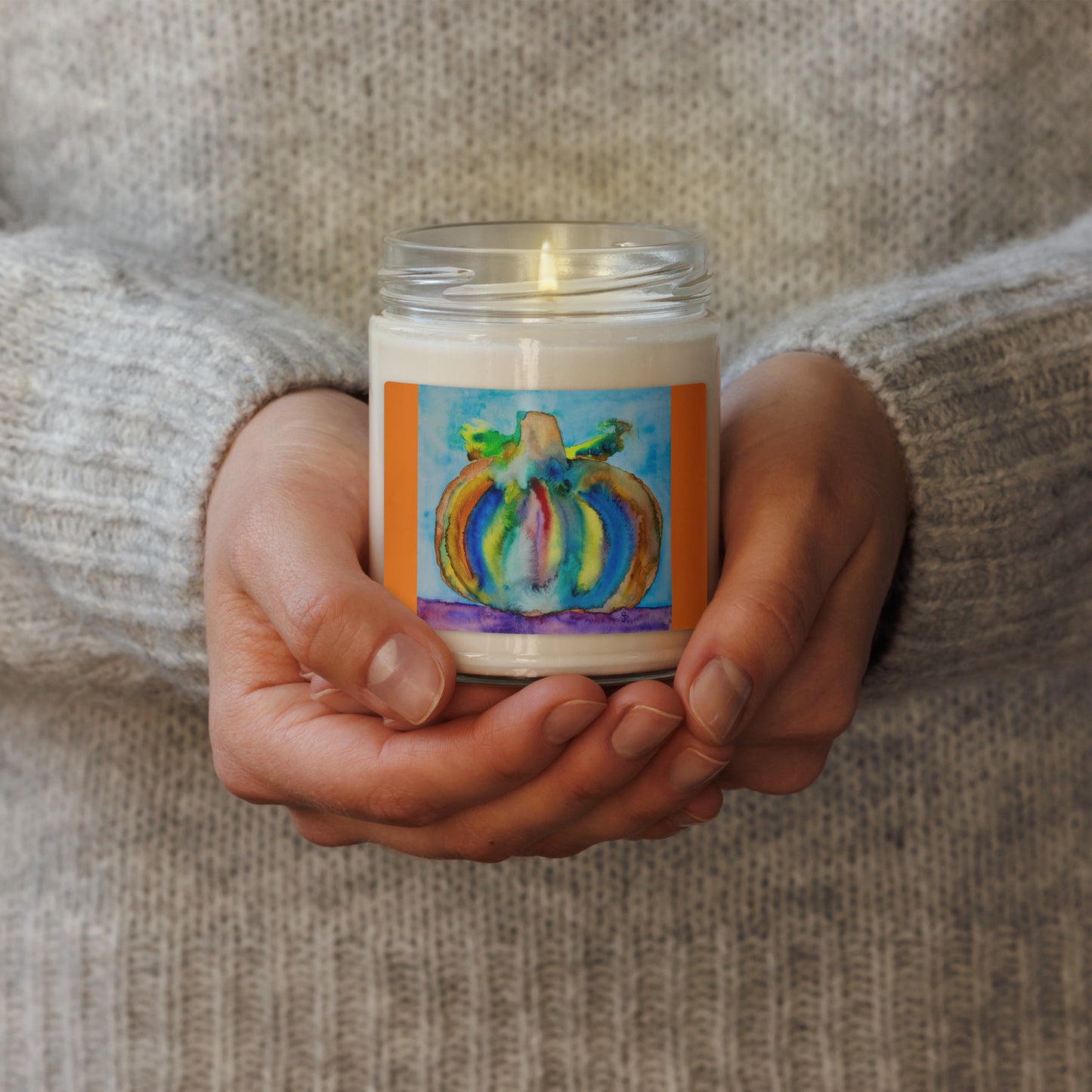 Scented soy candle featuring original artwork on the label—eco-friendly, long-burning, and perfect for home décor, relaxation, or gifting with a natural, clean fragrance.