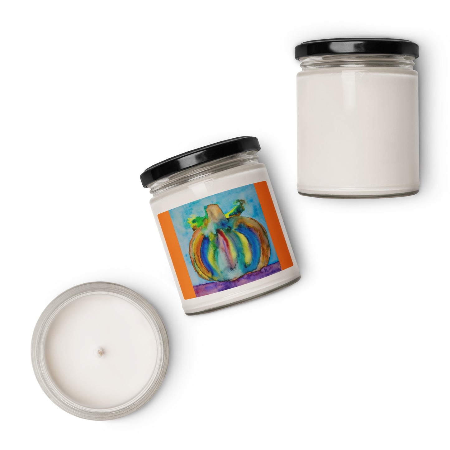 Scented soy candle featuring original artwork on the label—eco-friendly, long-burning, and perfect for home décor, relaxation, or gifting with a natural, clean fragrance.