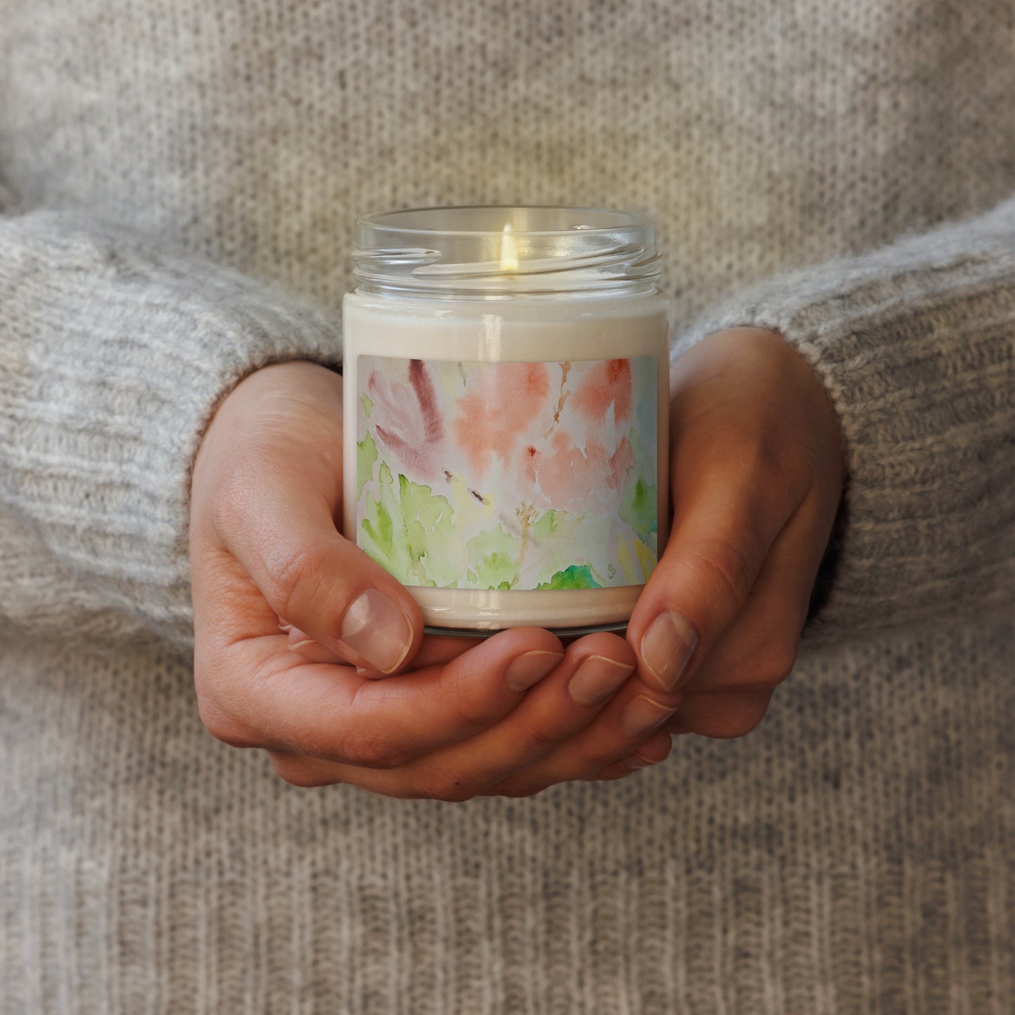 Scented soy candle featuring original artwork on the label—eco-friendly, long-burning, and perfect for home décor, relaxation, or gifting with a natural, clean fragrance.