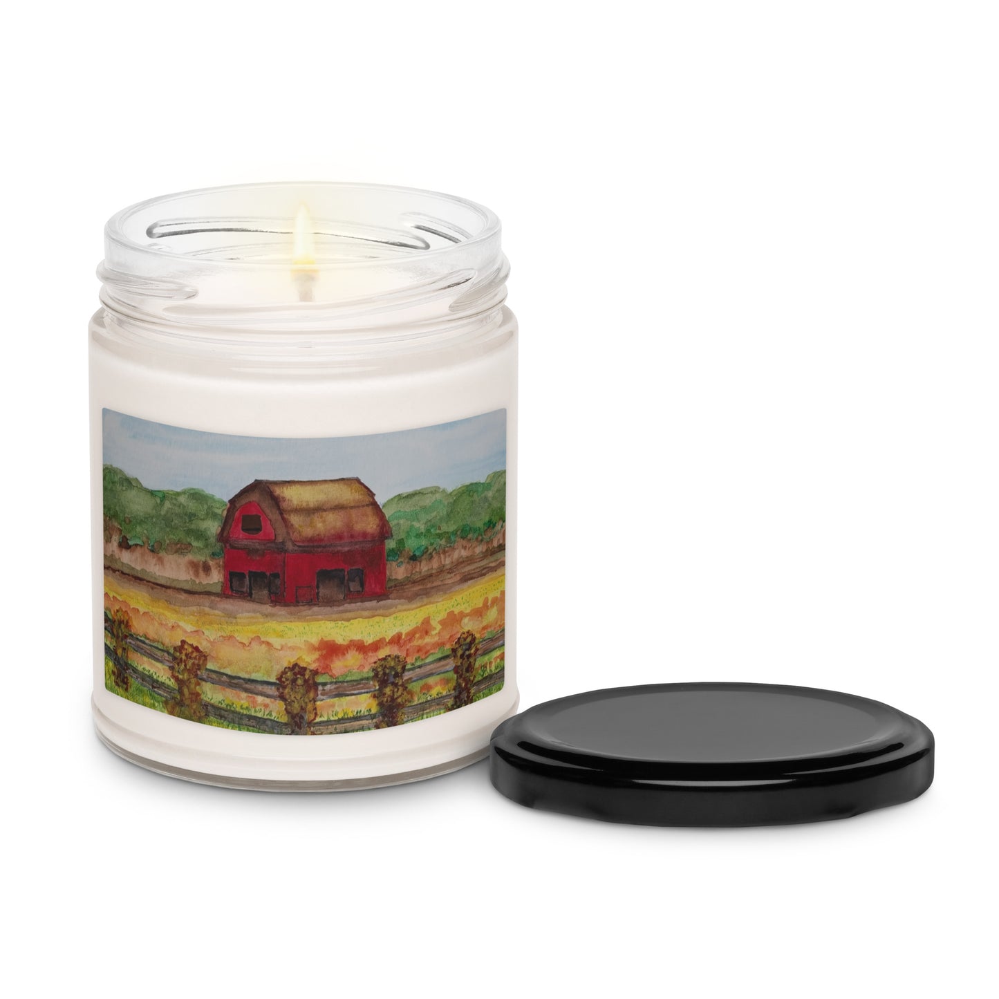 Scented soy candle featuring original artwork on the label—eco-friendly, long-burning, and perfect for home décor, relaxation, or gifting with a natural, clean fragrance.