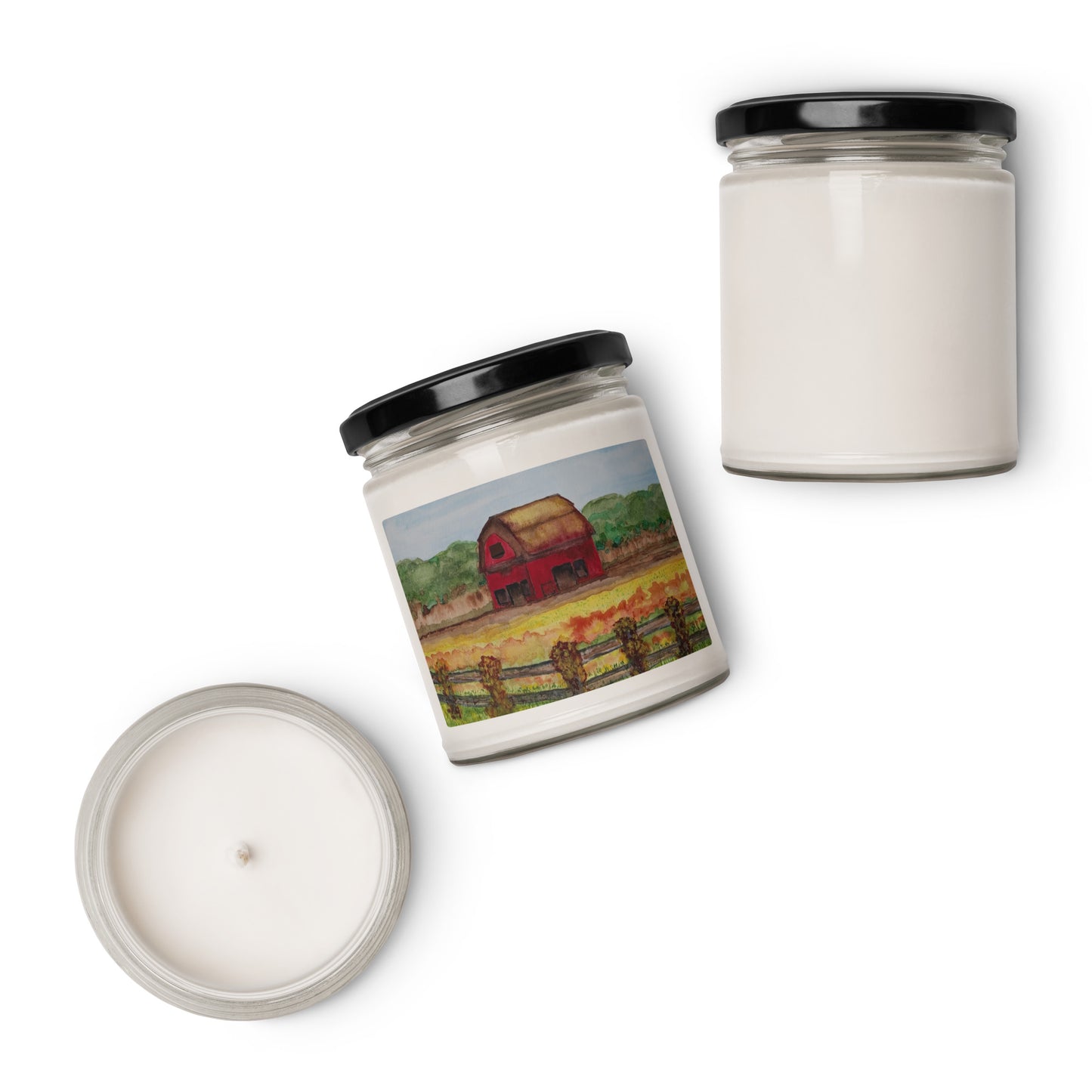 Scented soy candle featuring original artwork on the label—eco-friendly, long-burning, and perfect for home décor, relaxation, or gifting with a natural, clean fragrance.