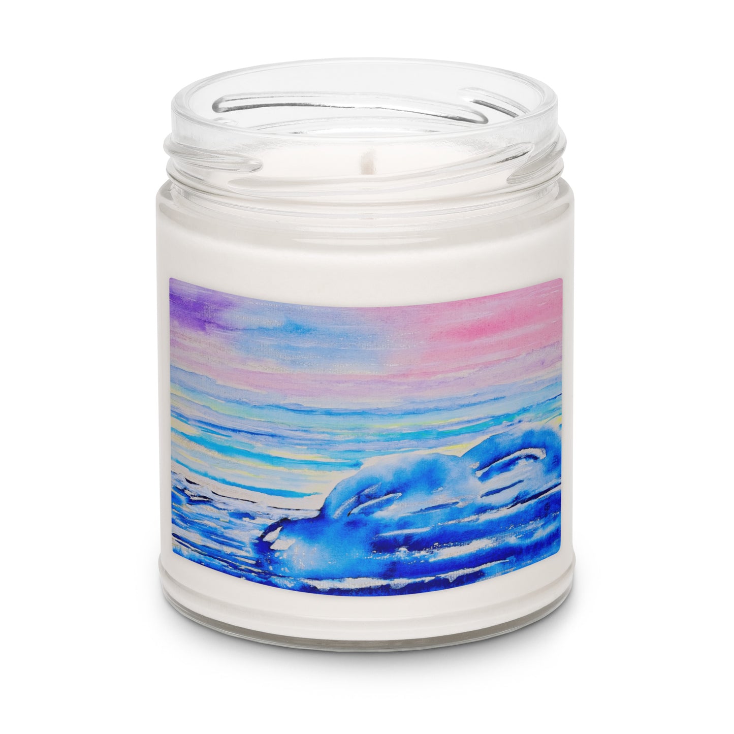Scented soy candle featuring original artwork on the label—eco-friendly, long-burning, and perfect for home décor, relaxation, or gifting with a natural, clean fragrance.
