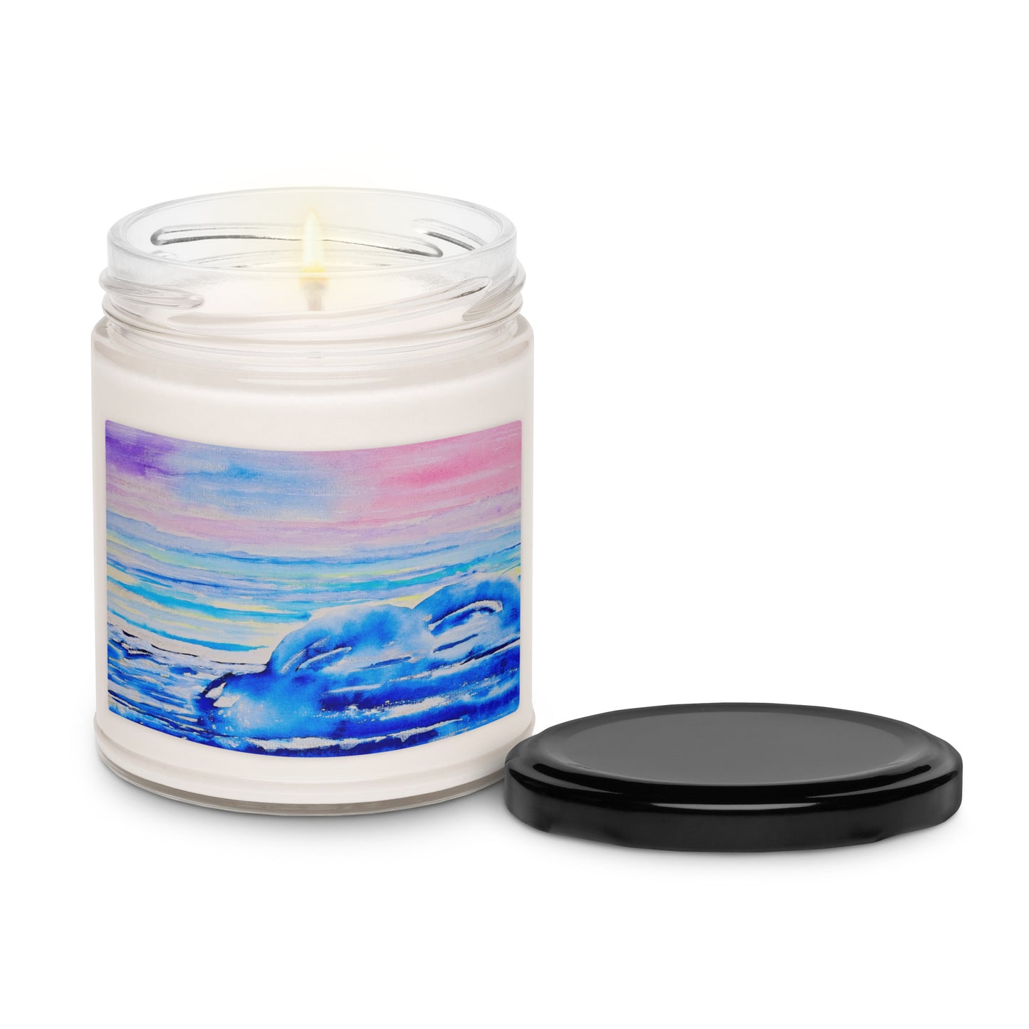 Scented soy candle featuring original artwork on the label—eco-friendly, long-burning, and perfect for home décor, relaxation, or gifting with a natural, clean fragrance.