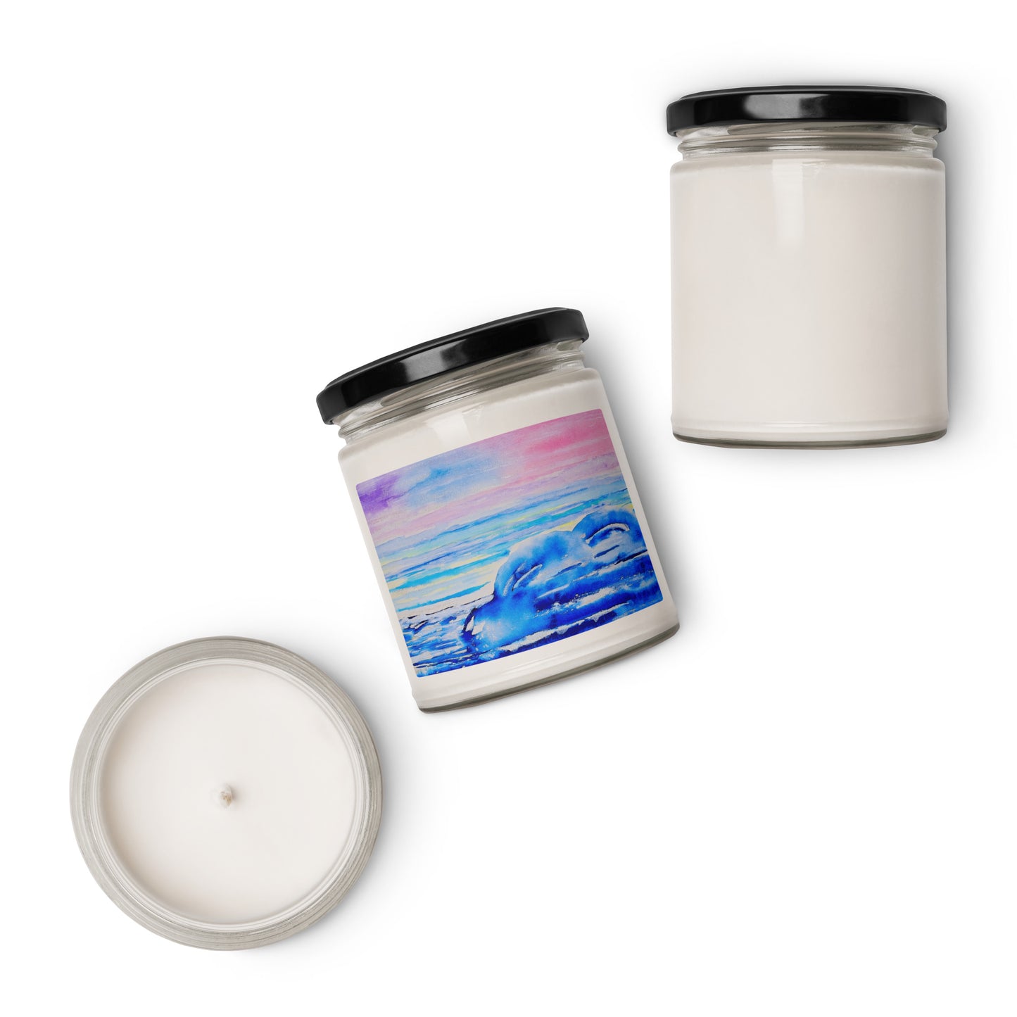 Scented soy candle featuring original artwork on the label—eco-friendly, long-burning, and perfect for home décor, relaxation, or gifting with a natural, clean fragrance.