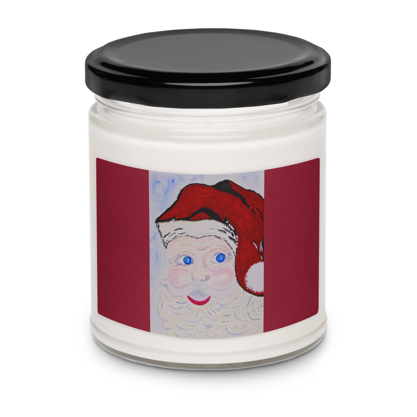 Jar with a black lid and a Santa Claus illustration on a red background