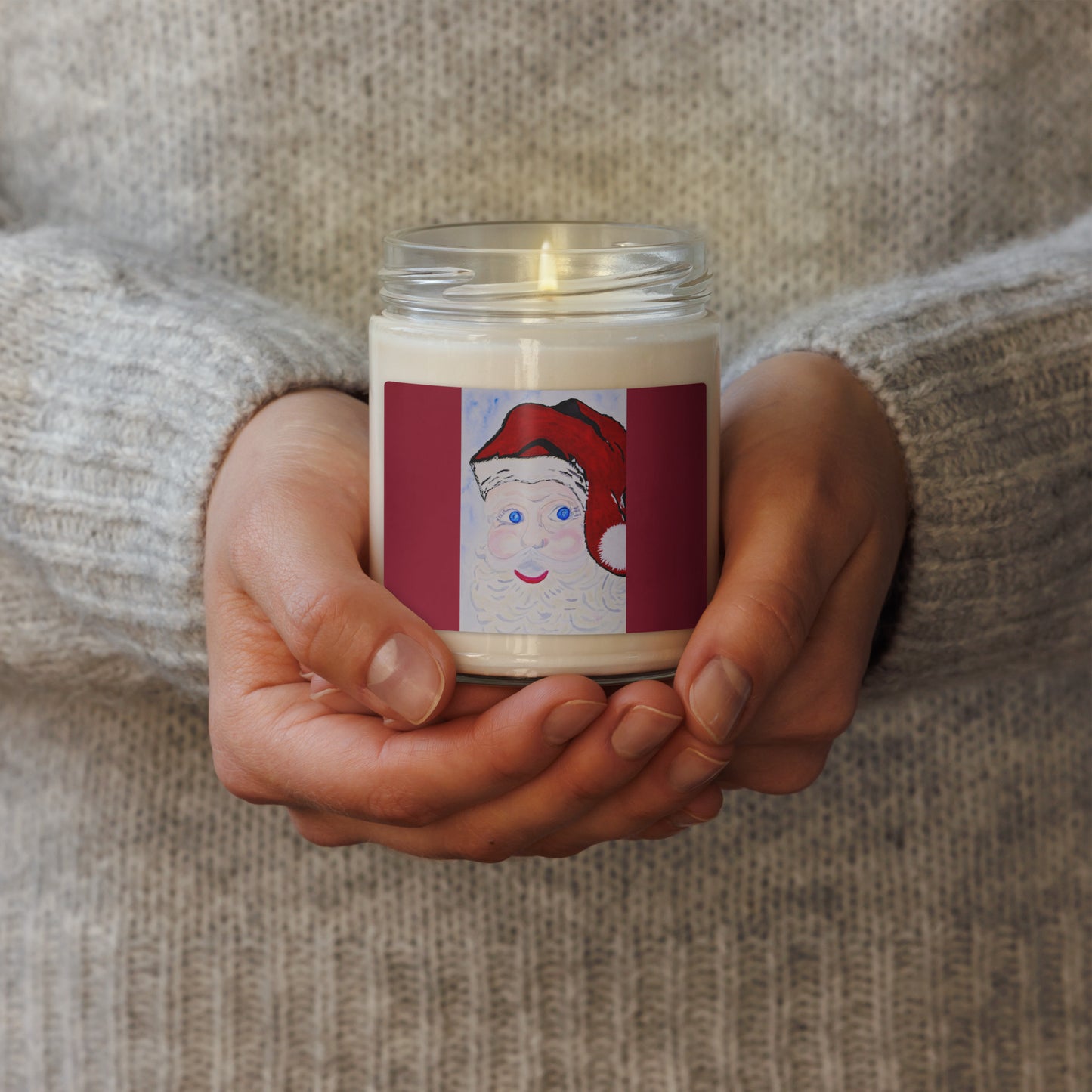 Scented soy candle featuring original artwork on the label—eco-friendly, long-burning, and perfect for home décor, relaxation, or gifting with a natural, clean fragrance.