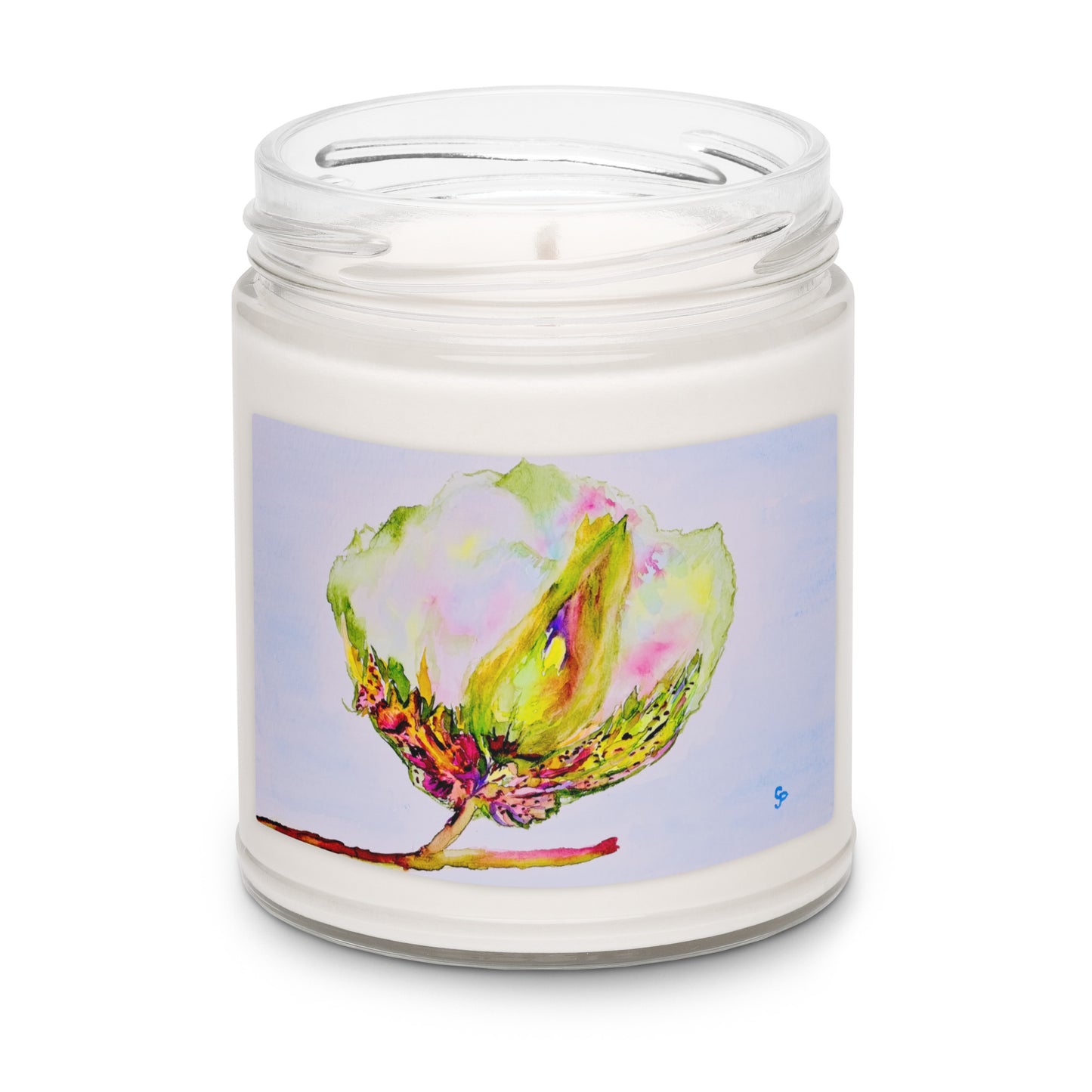 Scented soy candle featuring original artwork on the label—eco-friendly, long-burning, and perfect for home décor, relaxation, or gifting with a natural, clean fragrance.