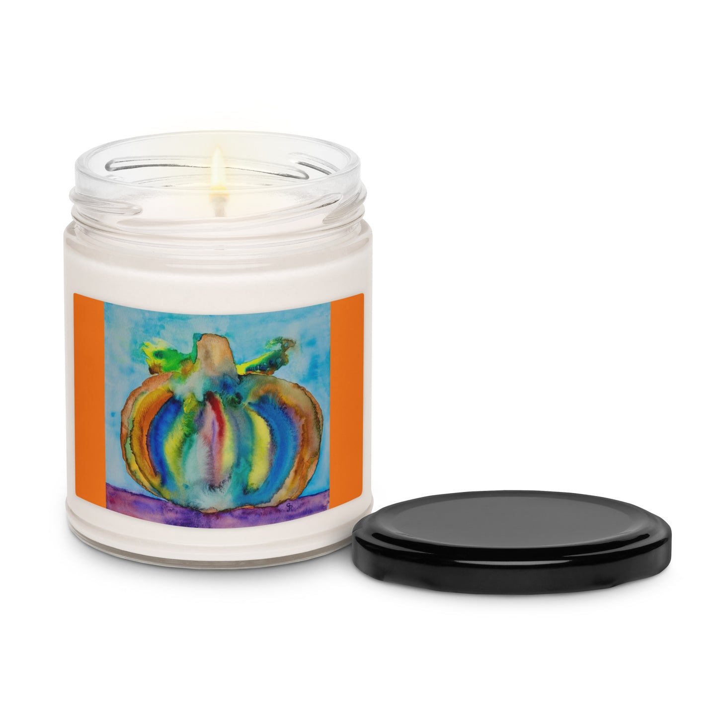 Scented soy candle featuring original artwork on the label—eco-friendly, long-burning, and perfect for home décor, relaxation, or gifting with a natural, clean fragrance.