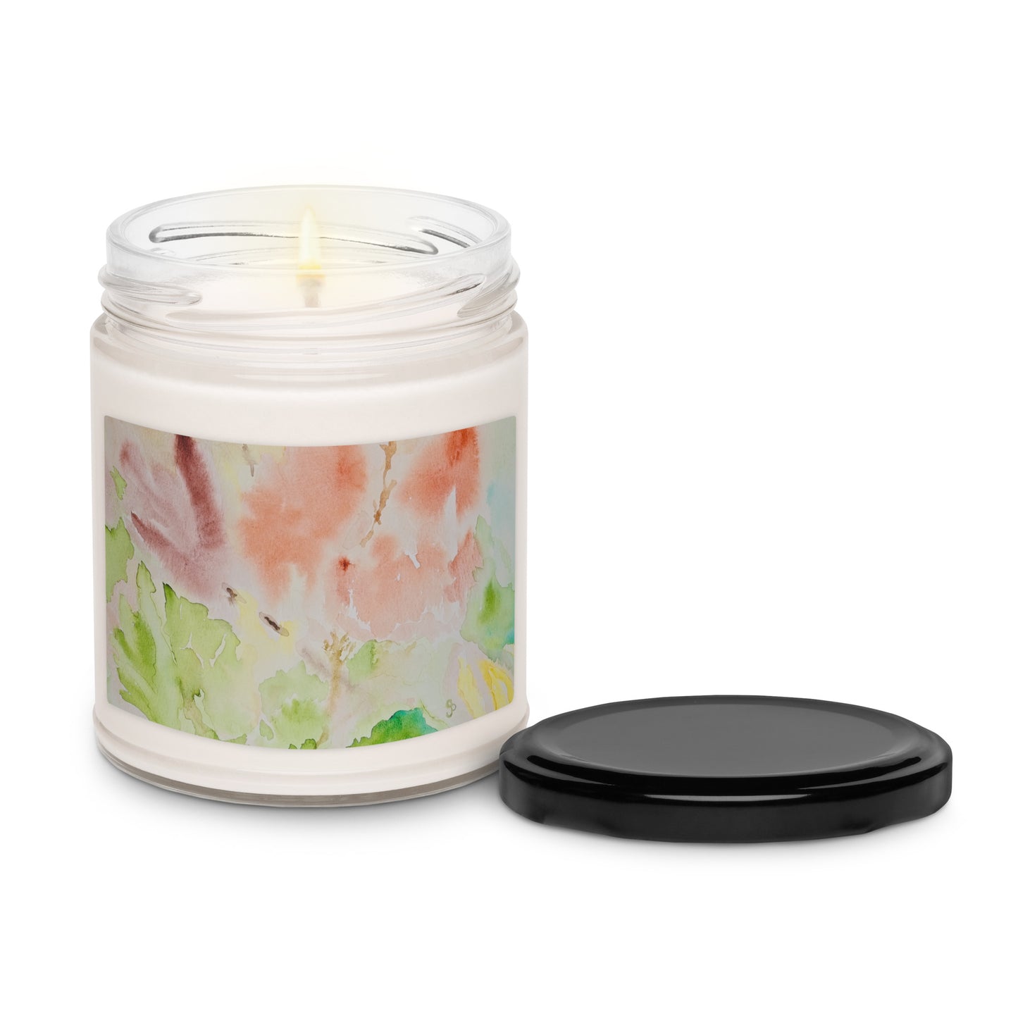 Scented soy candle featuring original artwork on the label—eco-friendly, long-burning, and perfect for home décor, relaxation, or gifting with a natural, clean fragrance.