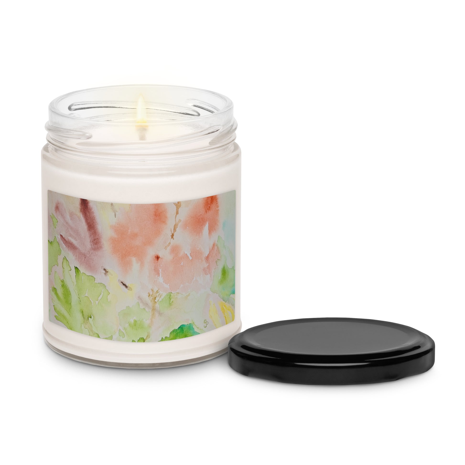 Scented soy candle featuring original artwork on the label—eco-friendly, long-burning, and perfect for home décor, relaxation, or gifting with a natural, clean fragrance.