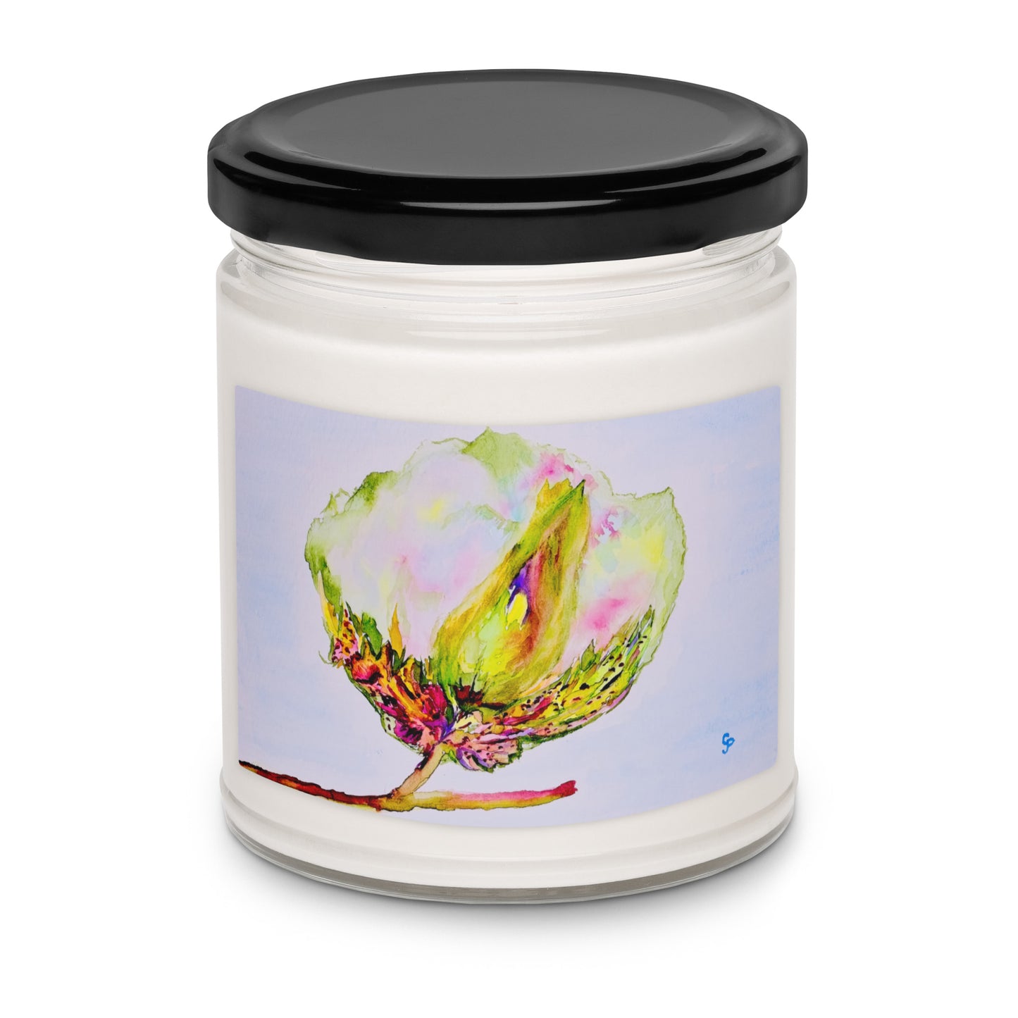 Scented soy candle featuring original artwork on the label—eco-friendly, long-burning, and perfect for home décor, relaxation, or gifting with a natural, clean fragrance.
