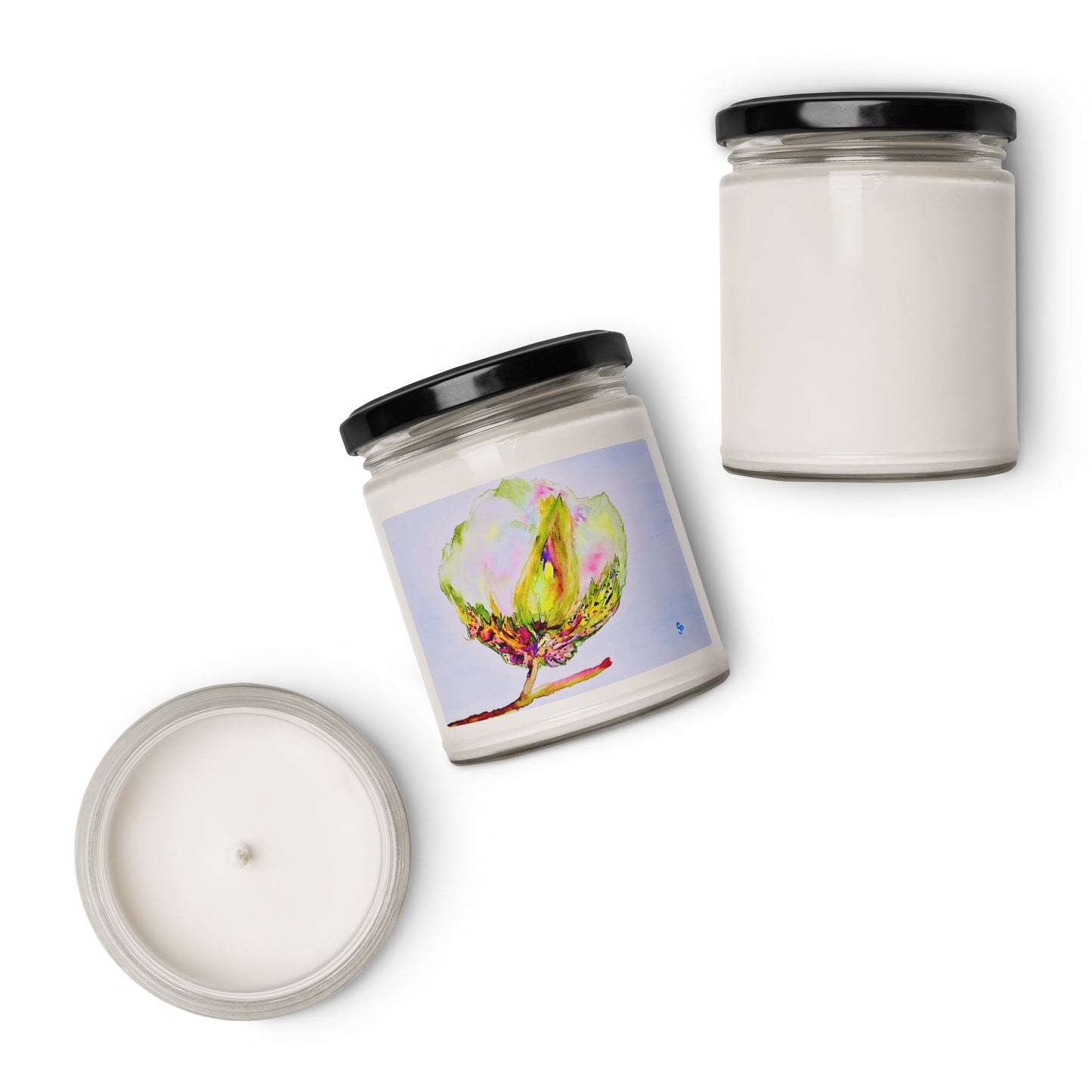 Scented soy candle featuring original artwork on the label—eco-friendly, long-burning, and perfect for home décor, relaxation, or gifting with a natural, clean fragrance.