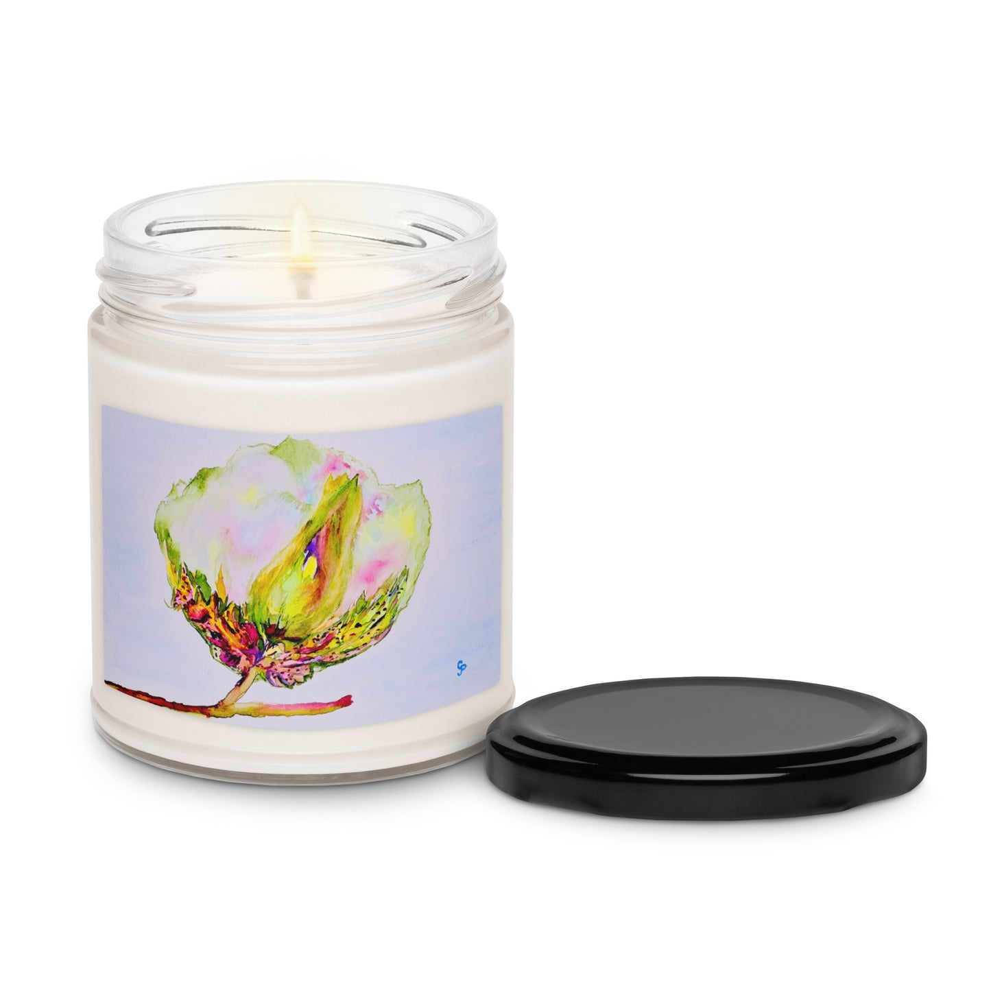Scented soy candle featuring original artwork on the label—eco-friendly, long-burning, and perfect for home décor, relaxation, or gifting with a natural, clean fragrance.