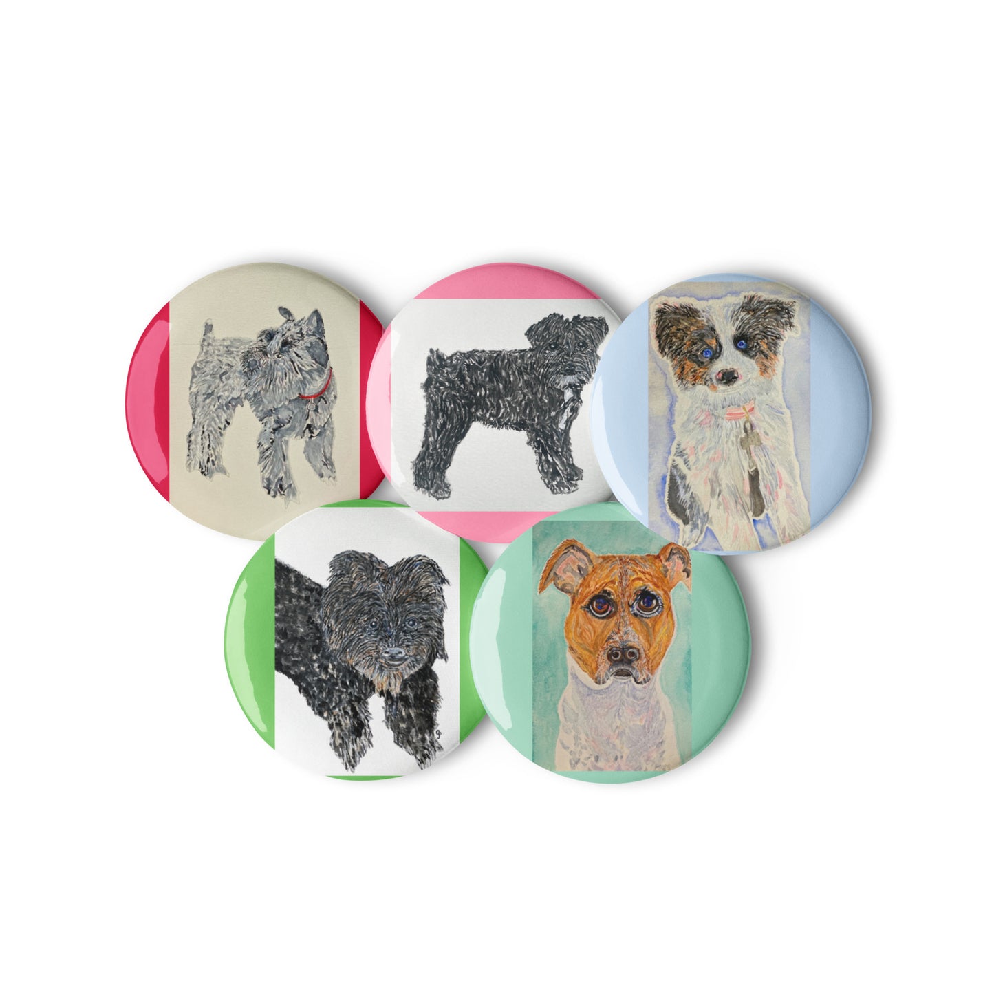 Set of six circular dog pin buttons on a white background